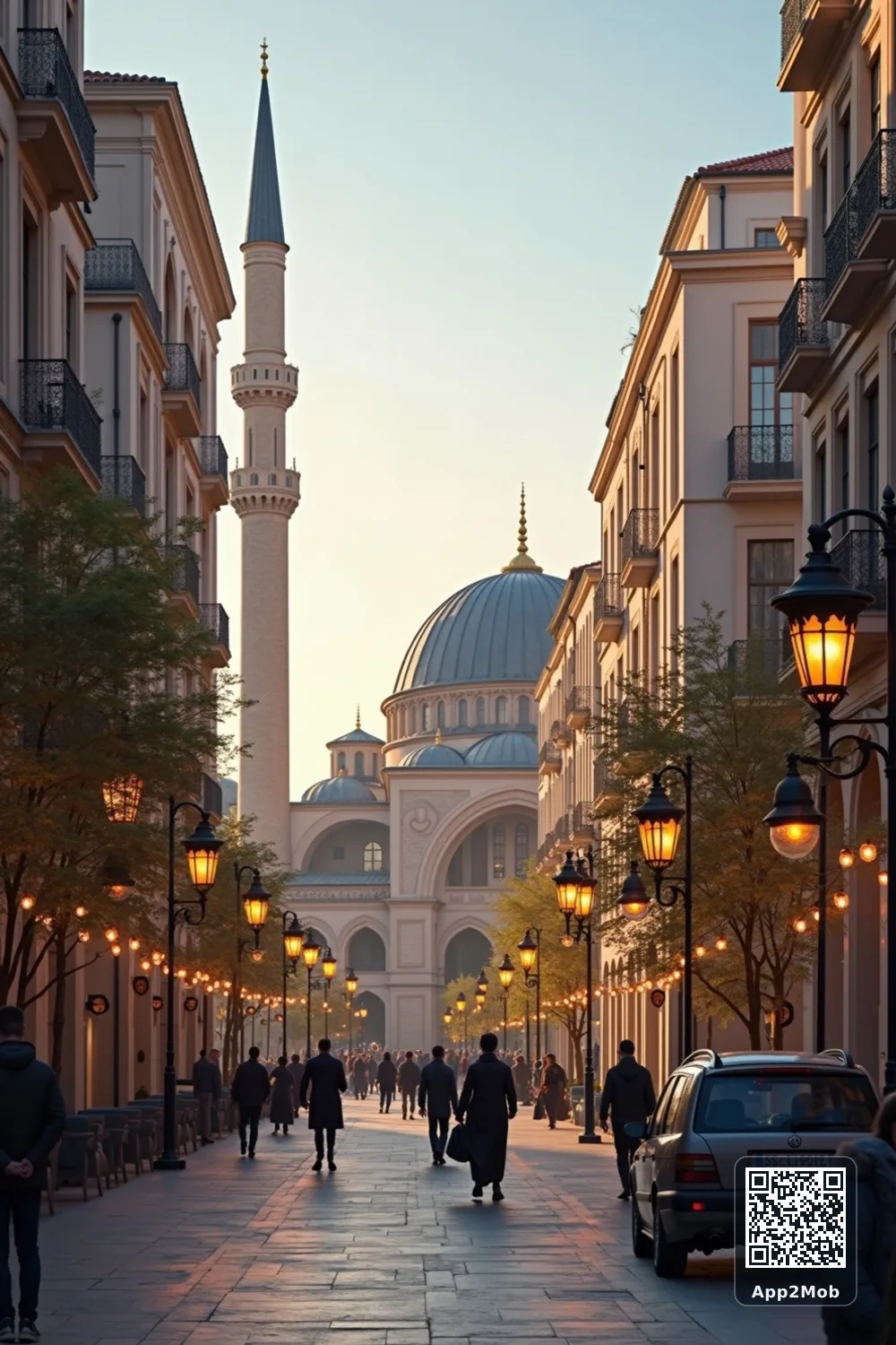 Islamic visual of Tirana, Albania, with mosque-inspired architecture for Tirana prayer times and qibla direction