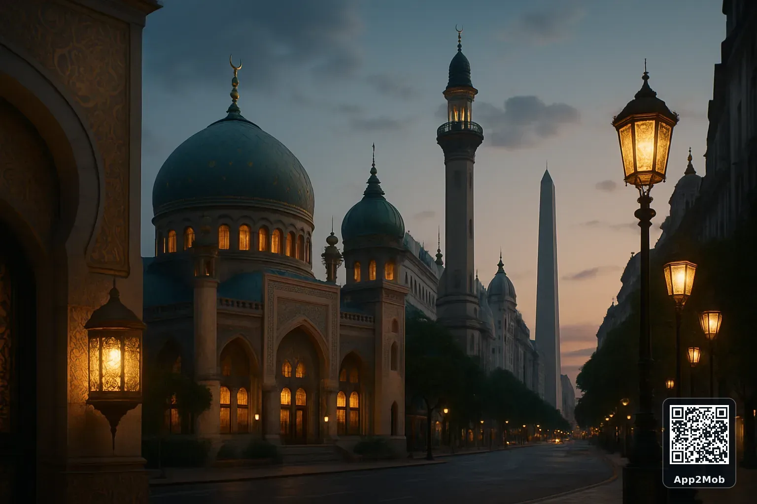Buenos Aires city skyline with Islamic architecture representing prayer times and qibla direction in Argentina