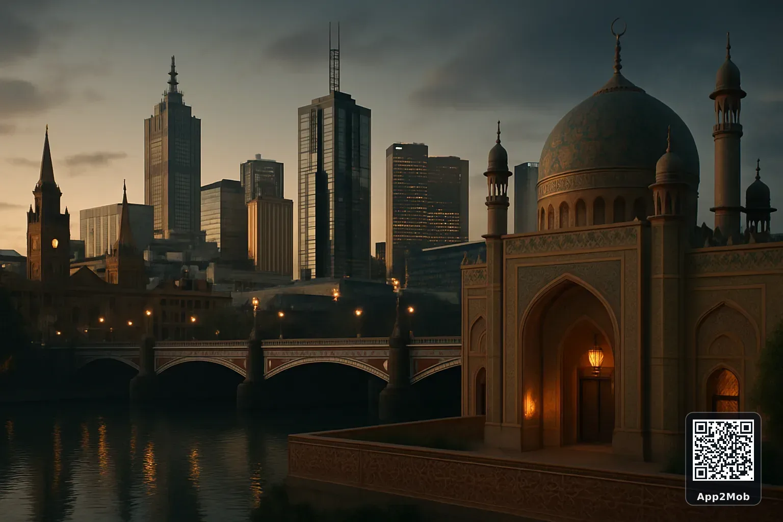 Melbourne city skyline with Islamic architecture representing prayer times and qibla direction in Australia