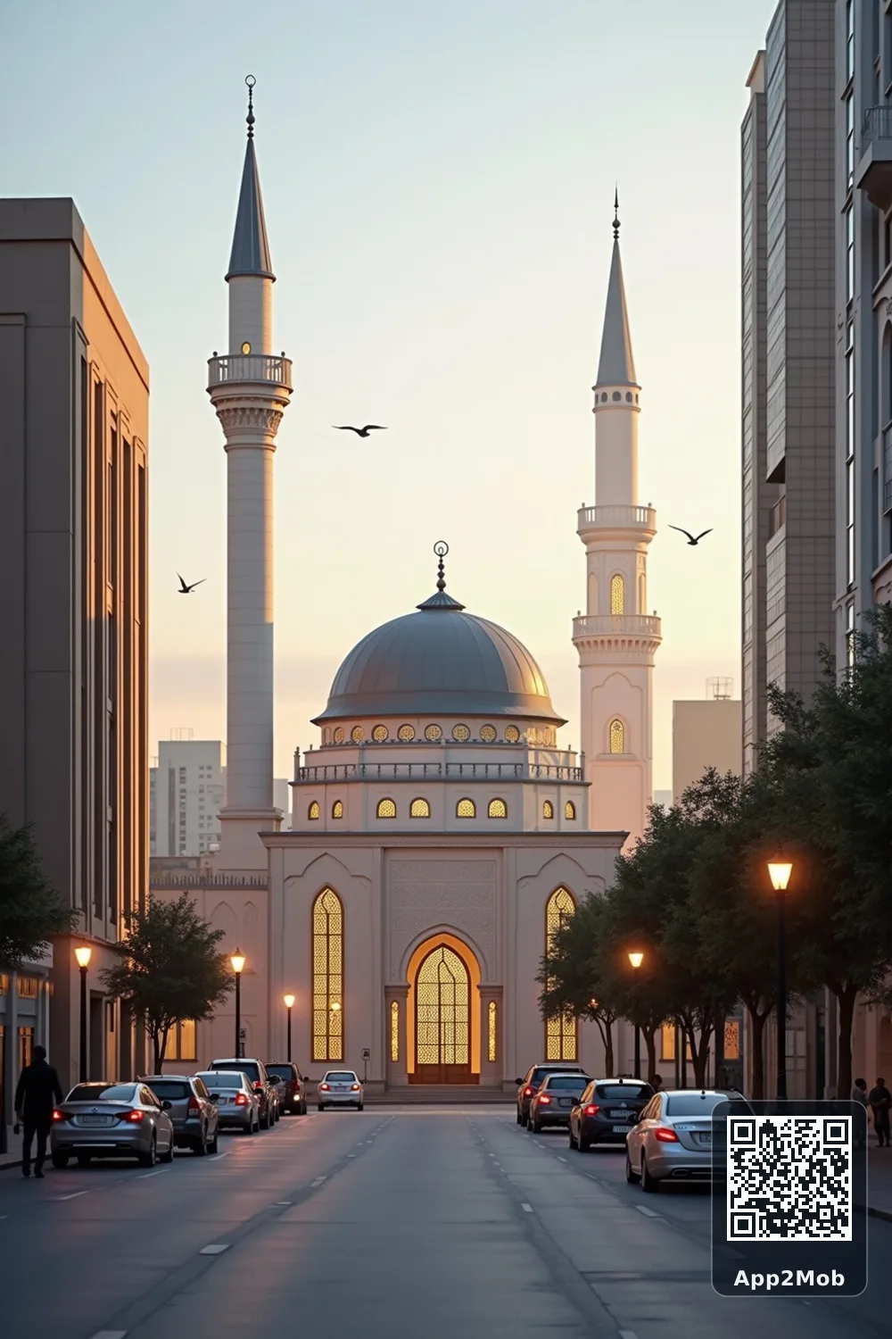 Islamic visual of Perth, Australia, with mosque-inspired architecture for Perth prayer times and qibla direction