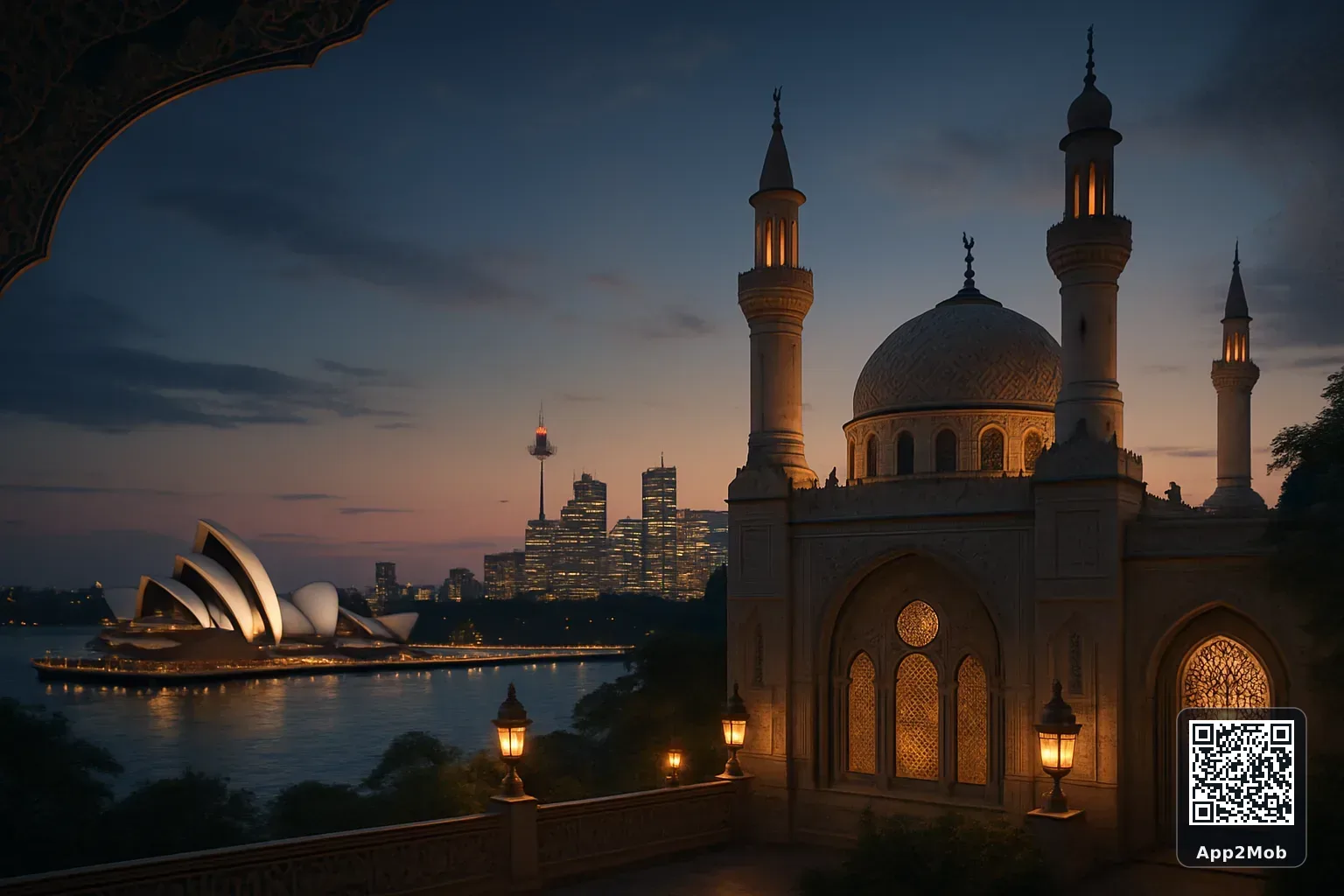 Sydney city skyline with Islamic architecture representing prayer times and qibla direction in Australia