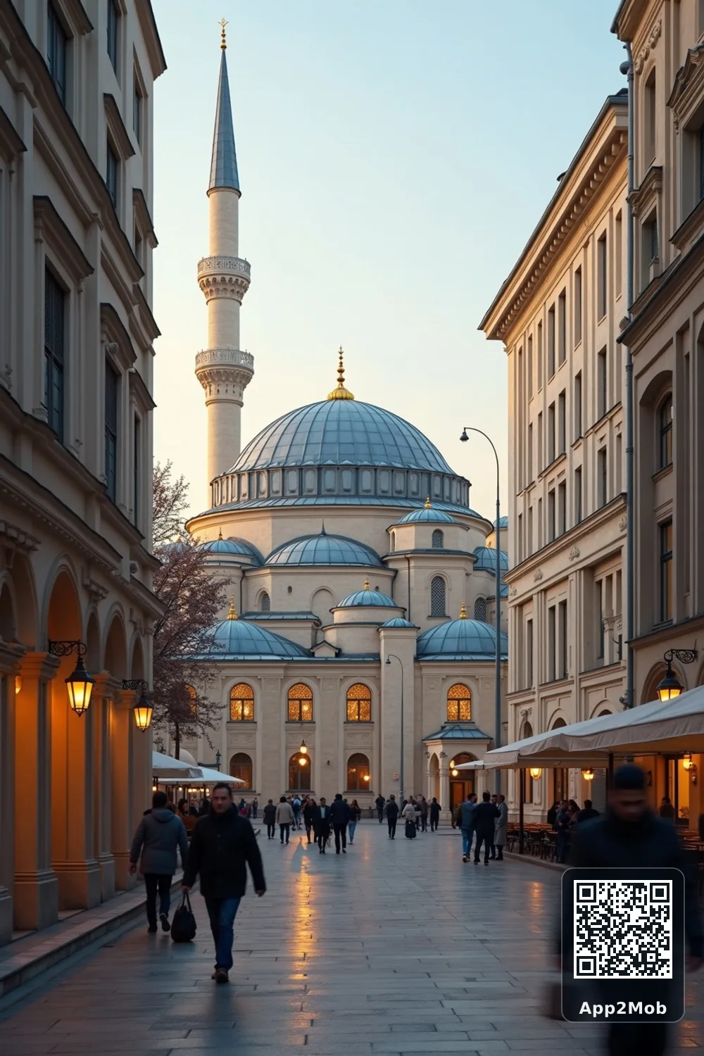 Islamic visual of Vienna, Austria, with mosque-inspired architecture for Vienna prayer times and qibla direction
