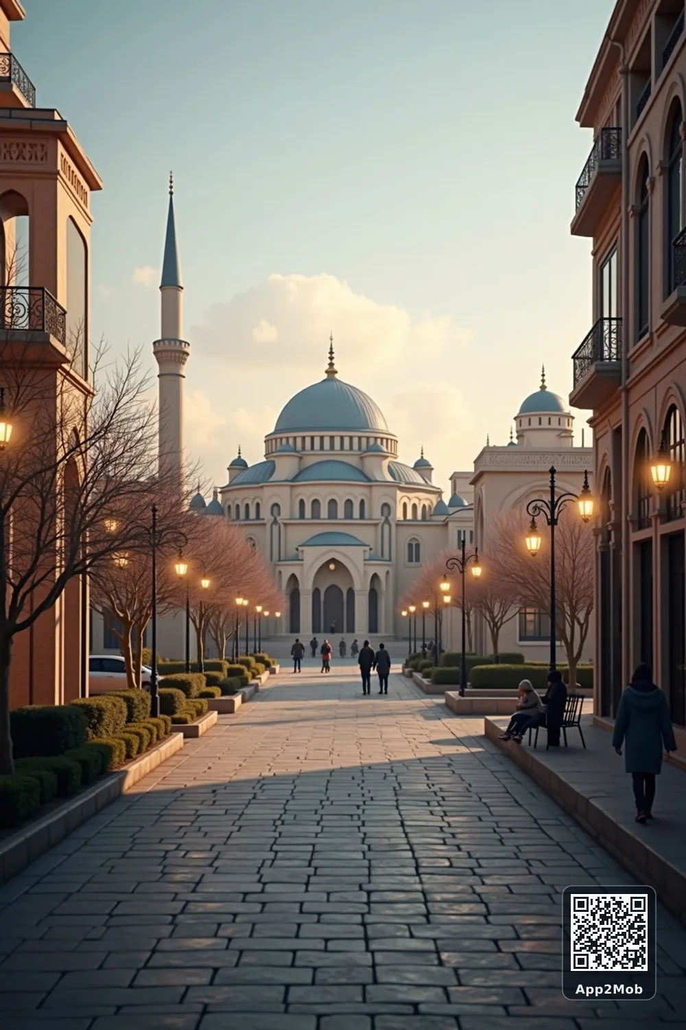 Islamic visual of Baku, Azerbaijan, with mosque-inspired architecture for Baku prayer times and qibla direction