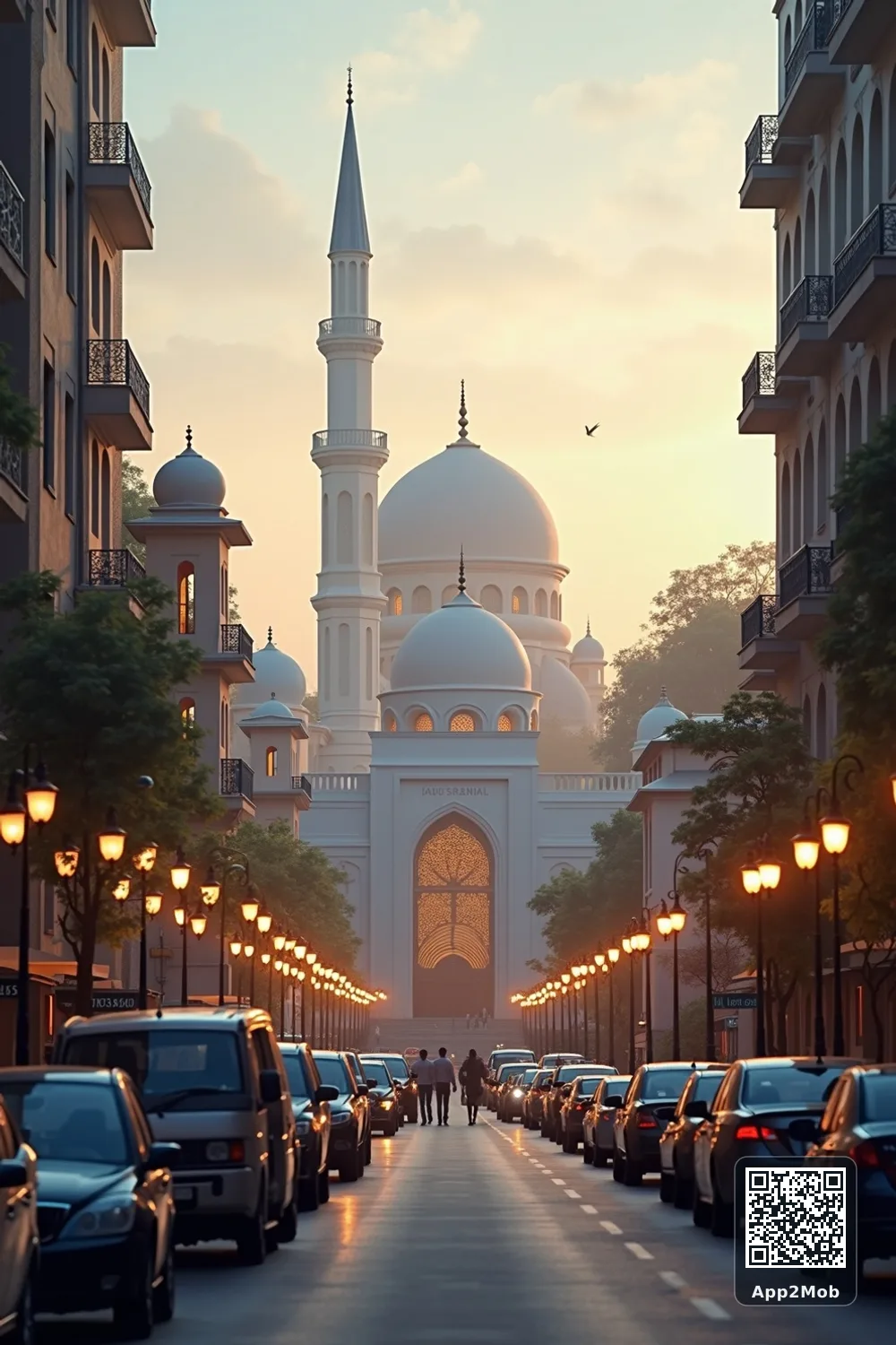 Islamic visual of Dhaka, Bangladesh, with mosque-inspired architecture for Dhaka prayer times and qibla direction