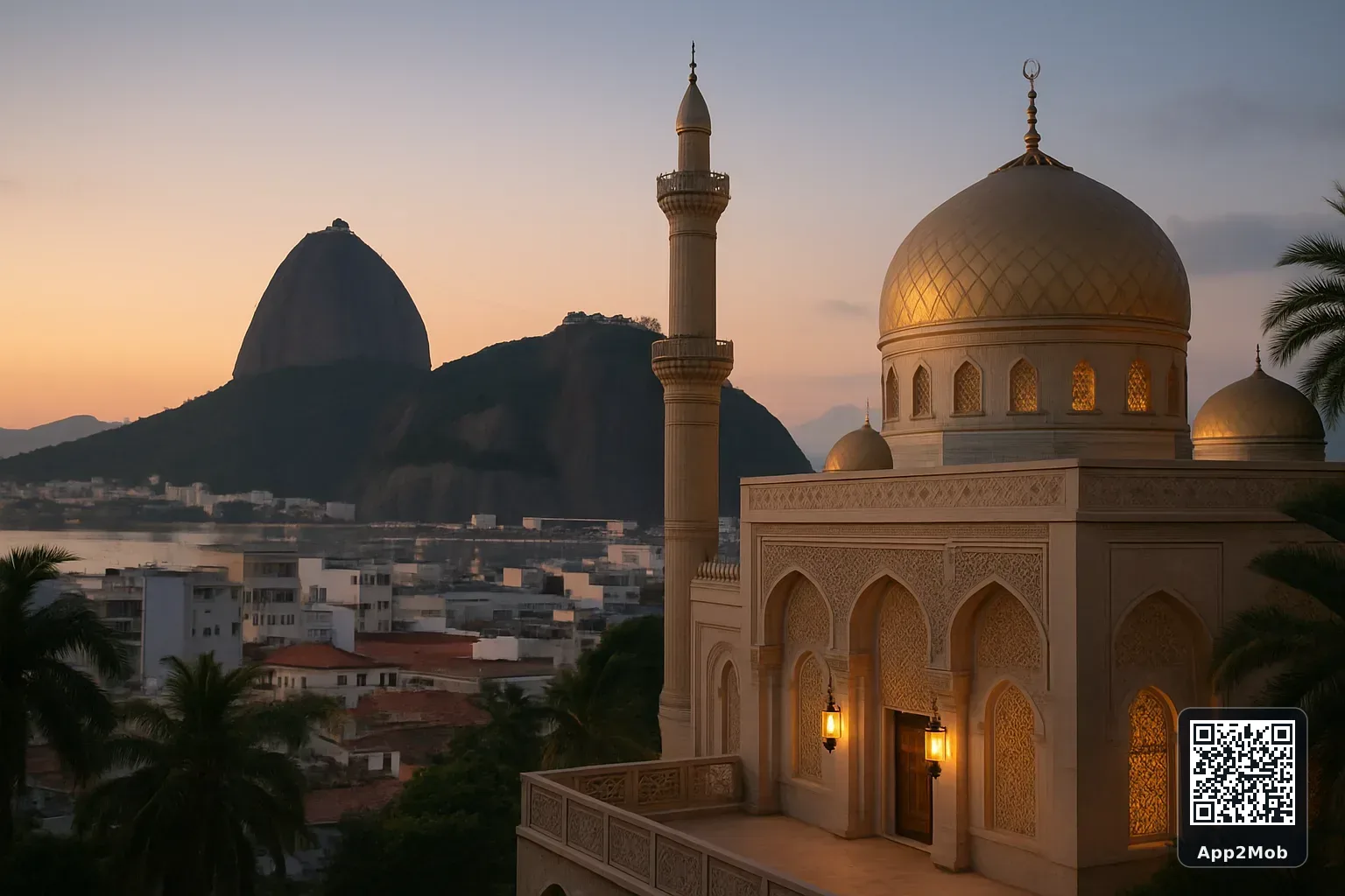Rio de Janeiro city skyline with Islamic architecture representing prayer times and qibla direction in Brazil