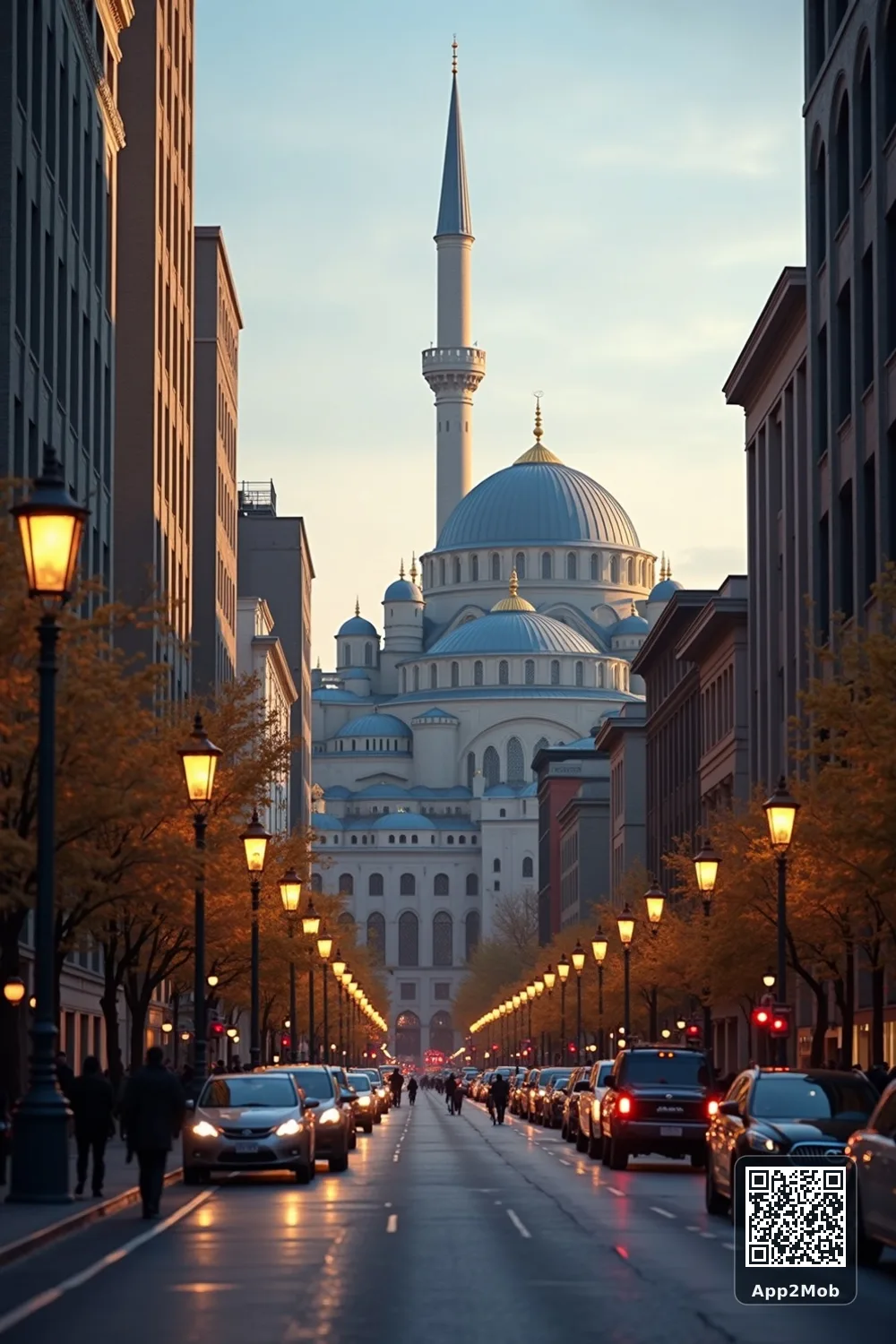 Islamic visual of Montreal, Canada, with mosque-inspired architecture for Montreal prayer times and qibla direction