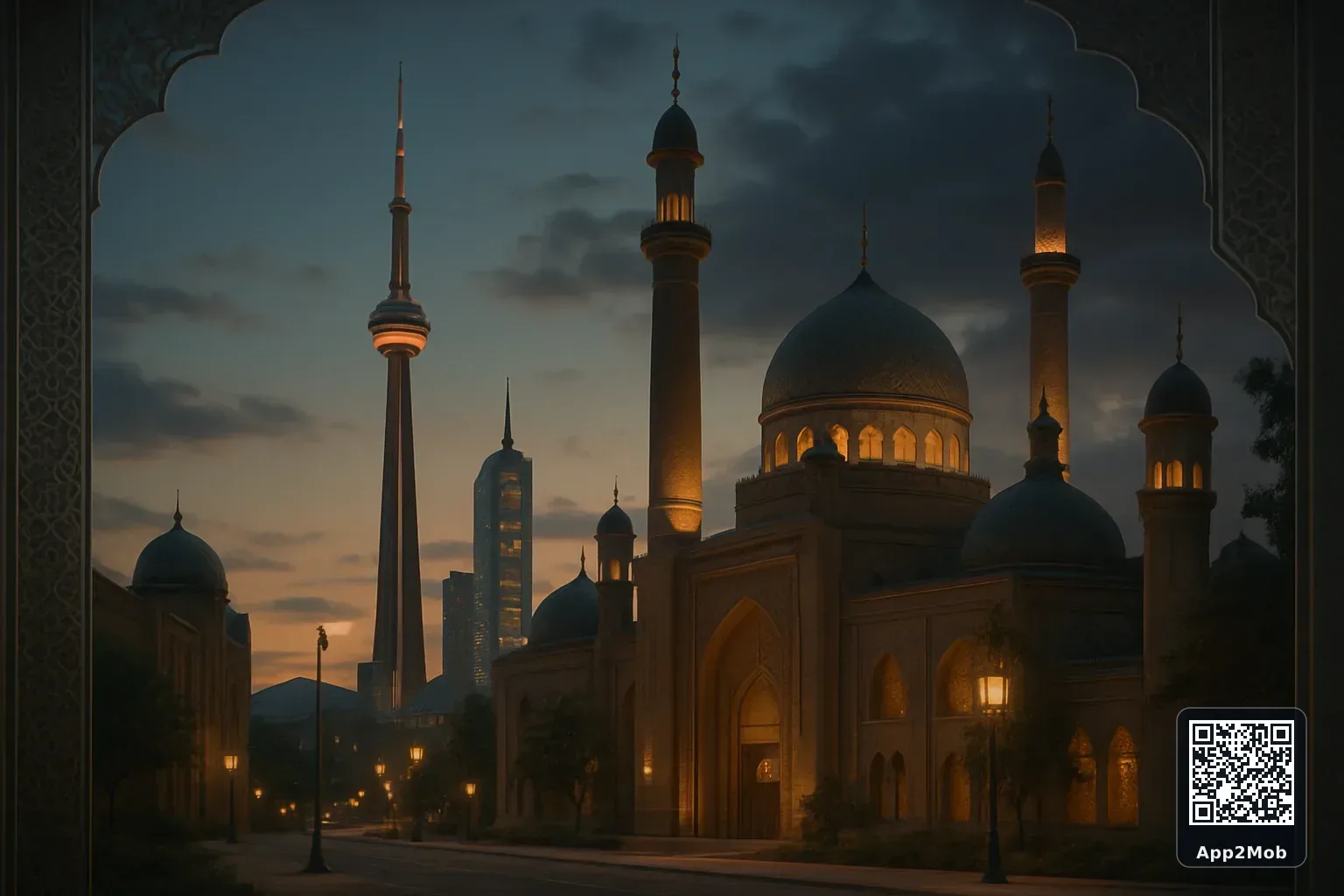 Toronto city skyline with Islamic architecture representing prayer times and qibla direction in Canada