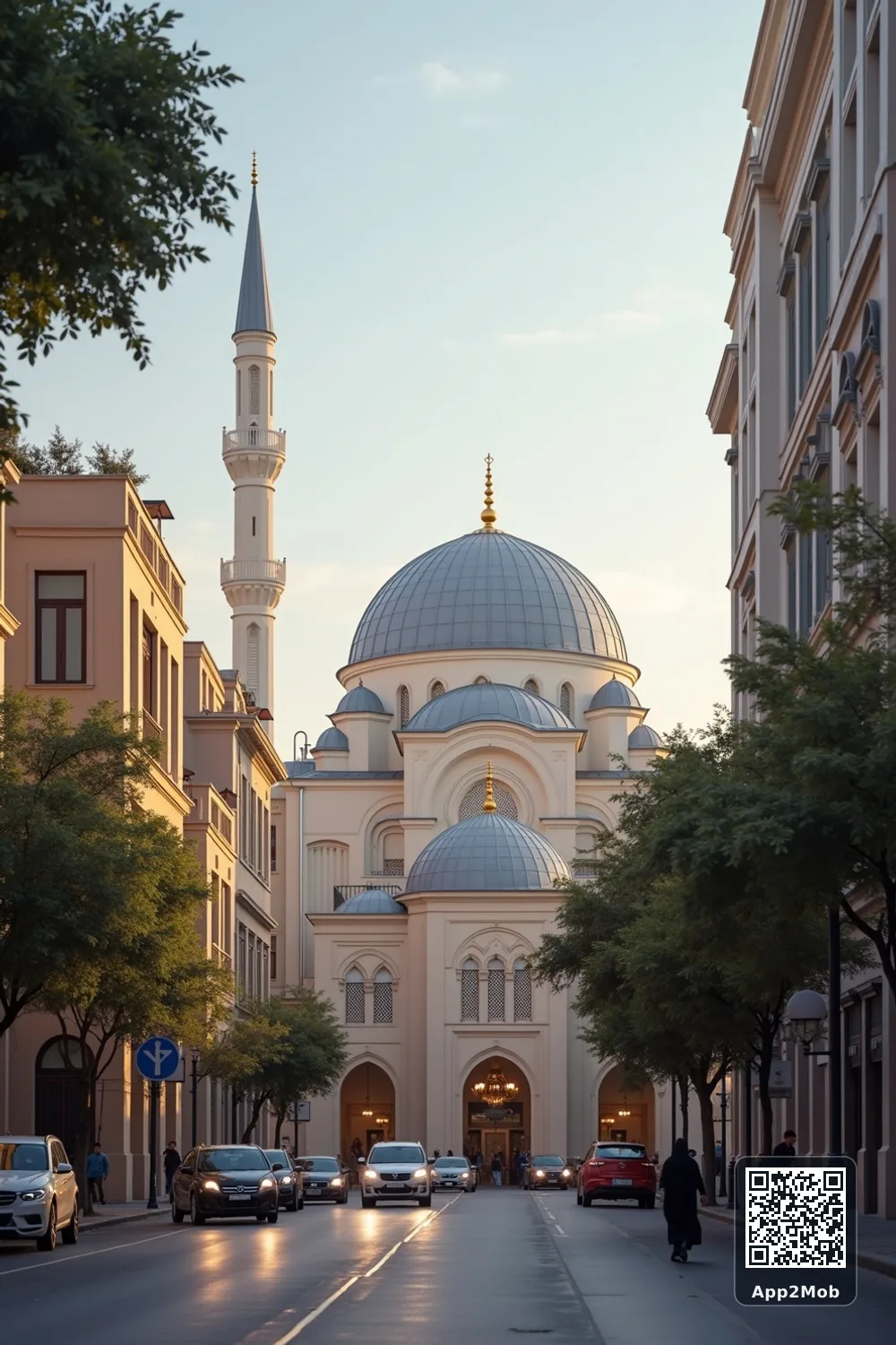 Islamic visual of Santiago, Chile, with mosque-inspired architecture for Santiago prayer times and qibla direction