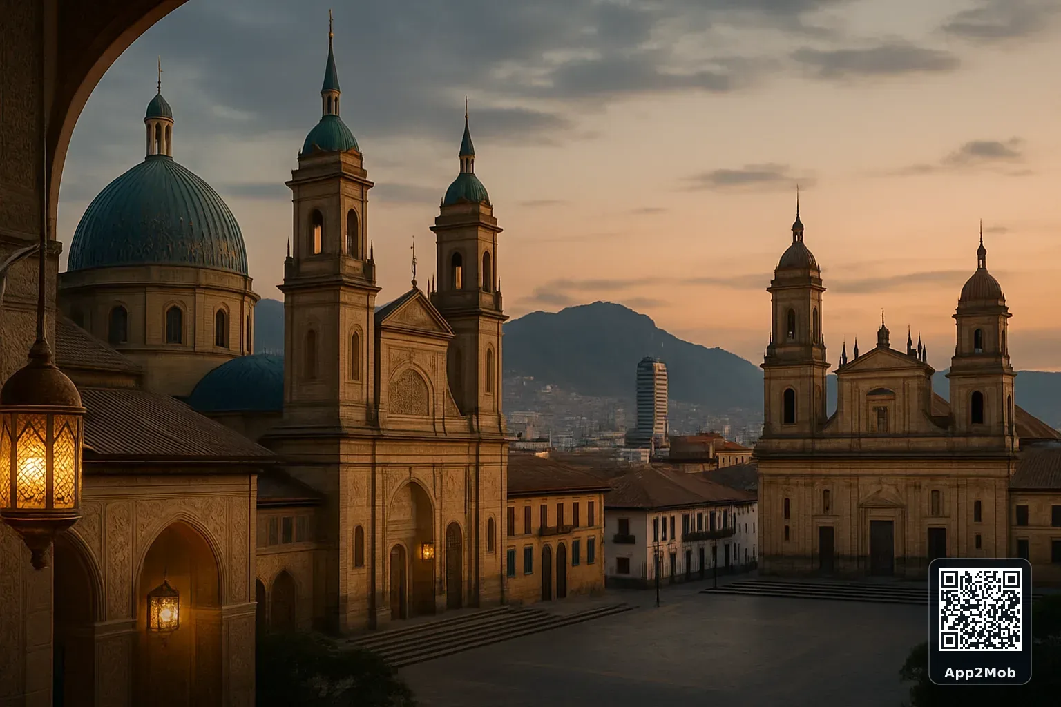 Bogotá city skyline with Islamic architecture representing prayer times and qibla direction in Colombia