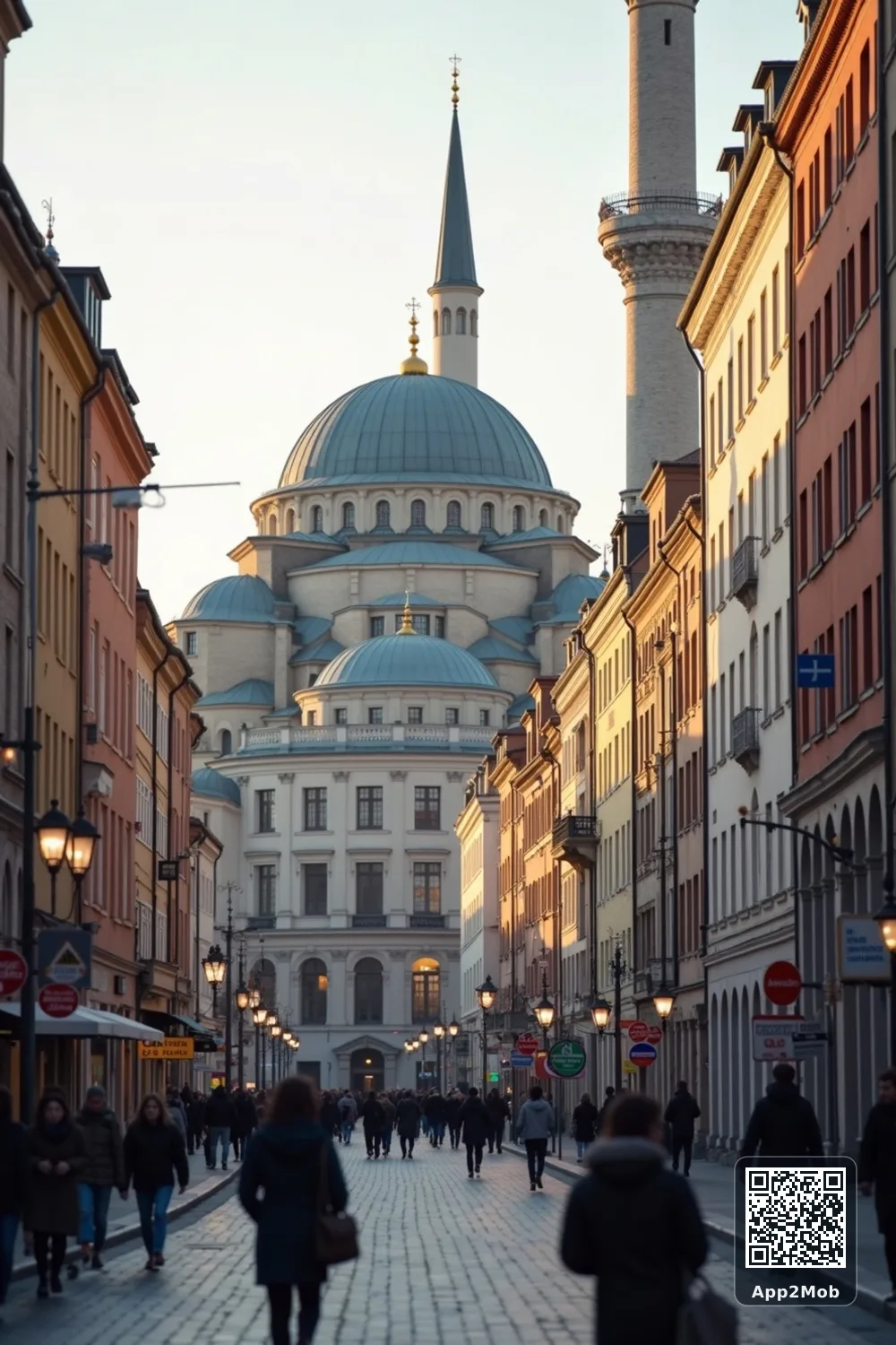 Islamic visual of Copenhagen, Denmark, with mosque-inspired architecture for Copenhagen prayer times and qibla direction