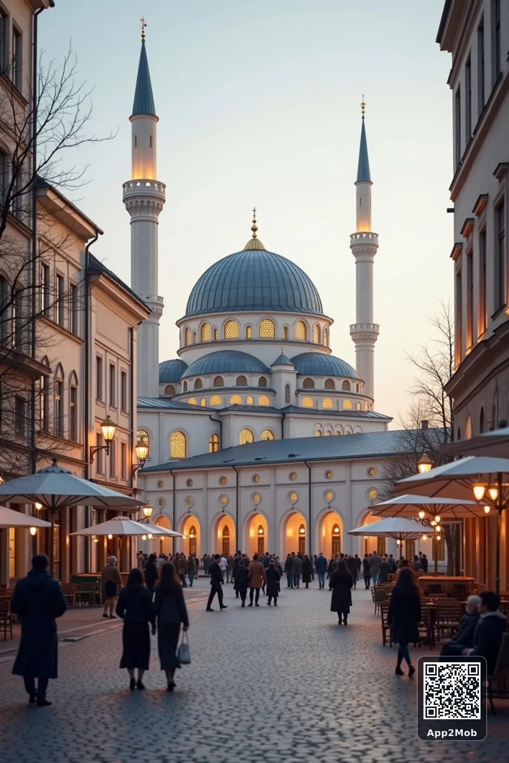 Islamic visual of Helsinki, Finland, with mosque-inspired architecture for Helsinki prayer times and qibla direction
