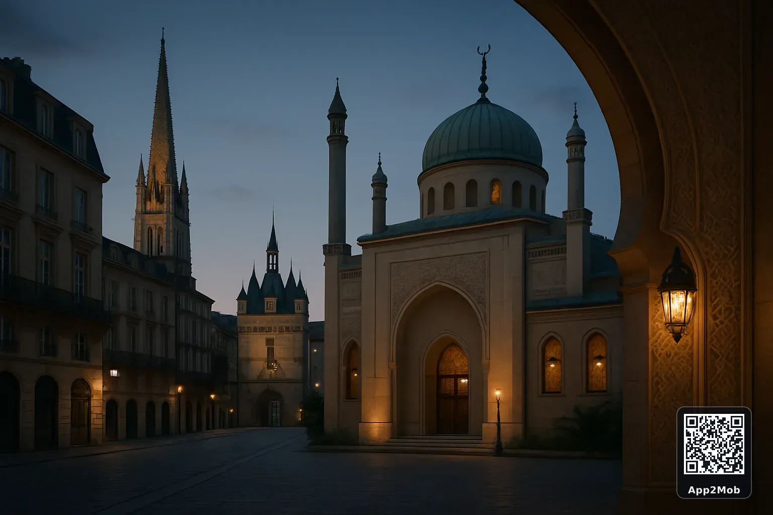 Bordeaux city skyline with Islamic architecture representing prayer times and qibla direction in France