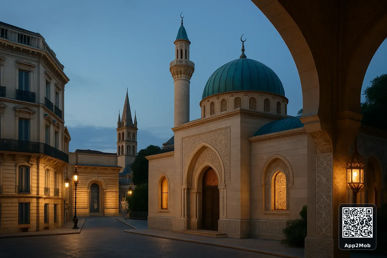 Montpellier city skyline with Islamic architecture representing prayer times and qibla direction in France
