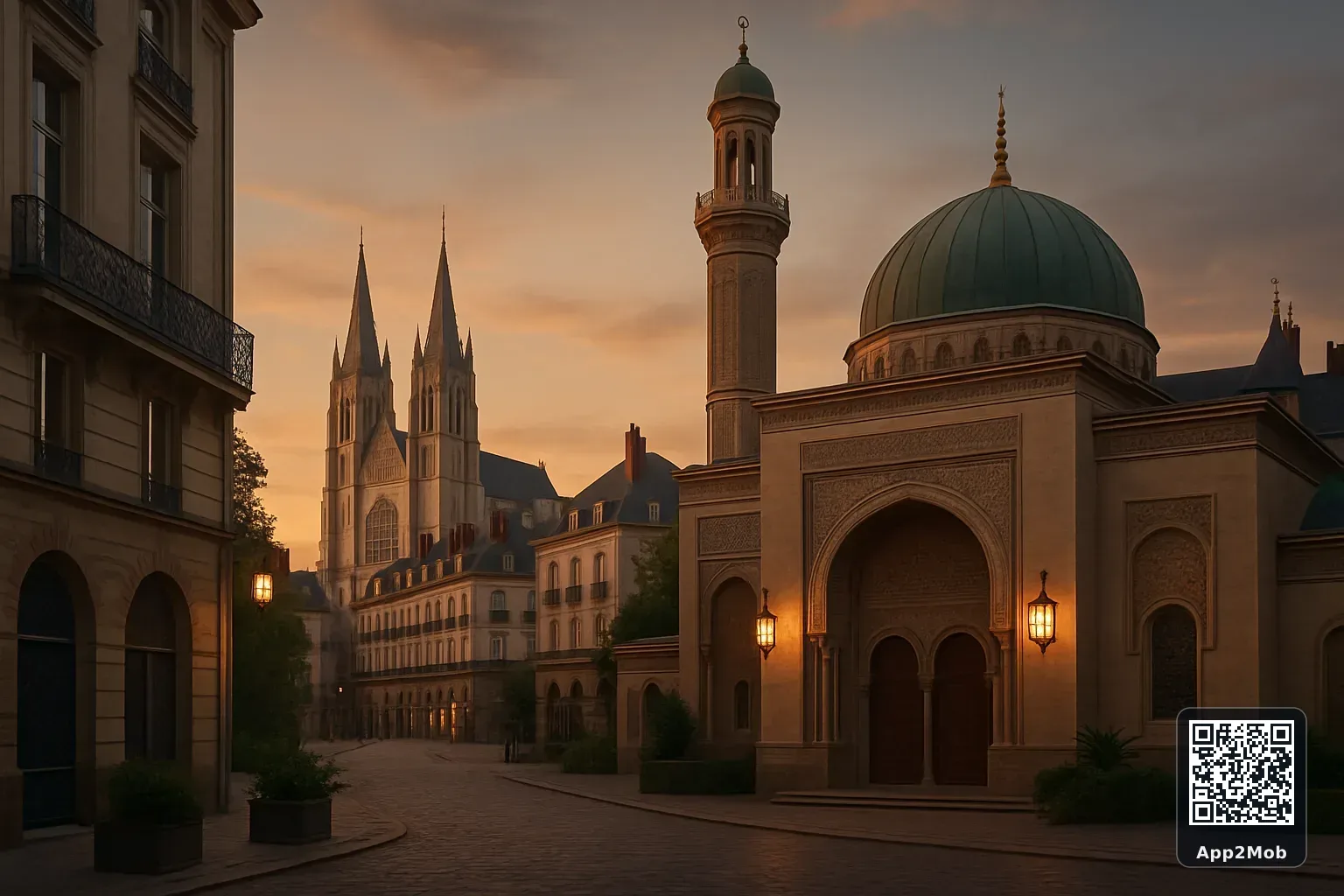 Nantes city skyline with Islamic architecture representing prayer times and qibla direction in France