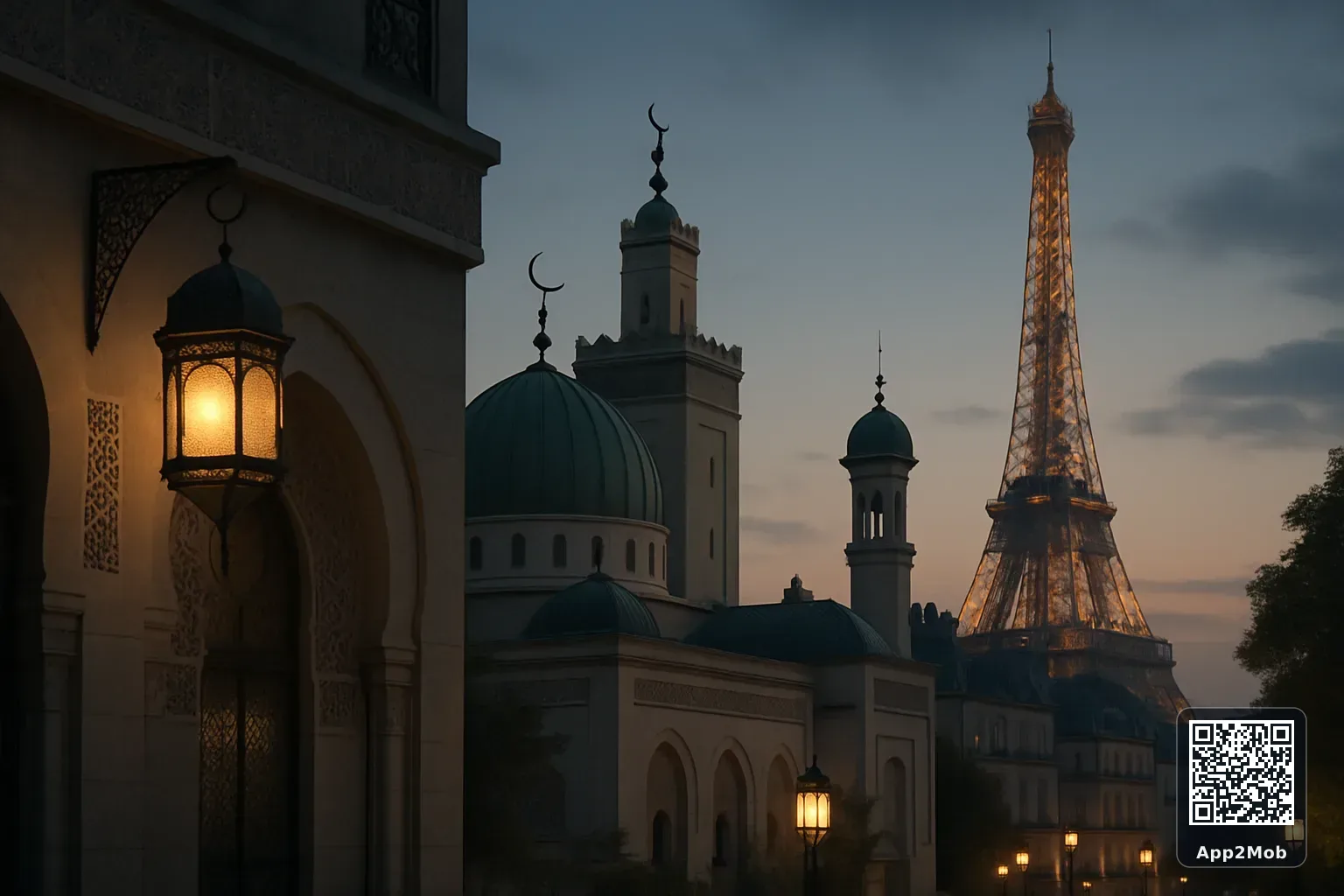 Paris city skyline with Islamic architecture representing prayer times and qibla direction in France