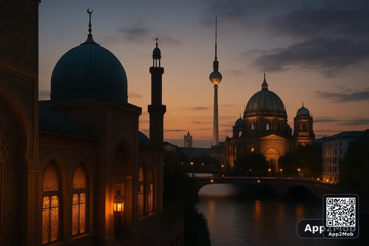 Berlin city skyline with Islamic architecture representing prayer times and qibla direction in Germany
