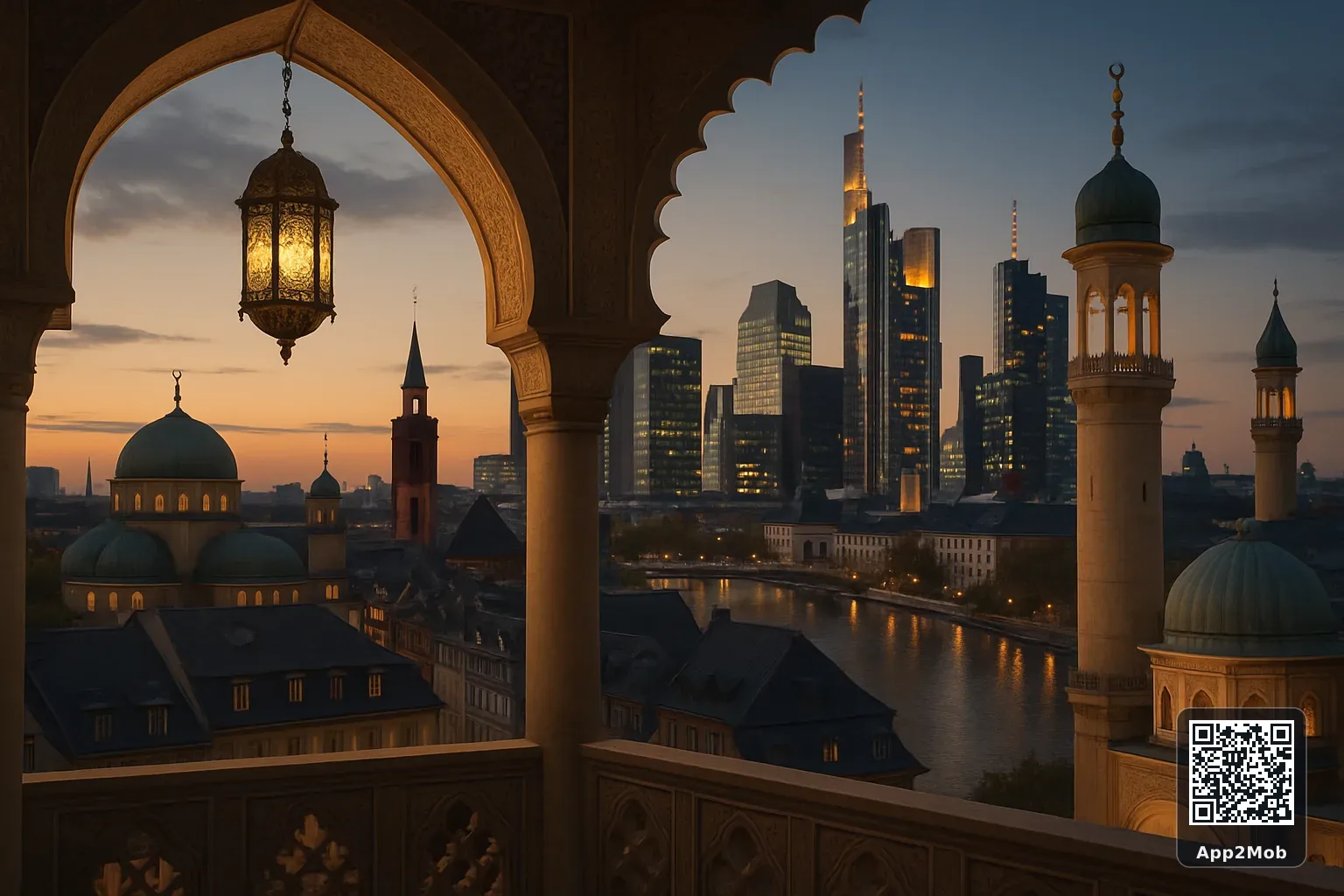 Frankfurt am Main city skyline with Islamic architecture representing prayer times and qibla direction in Germany