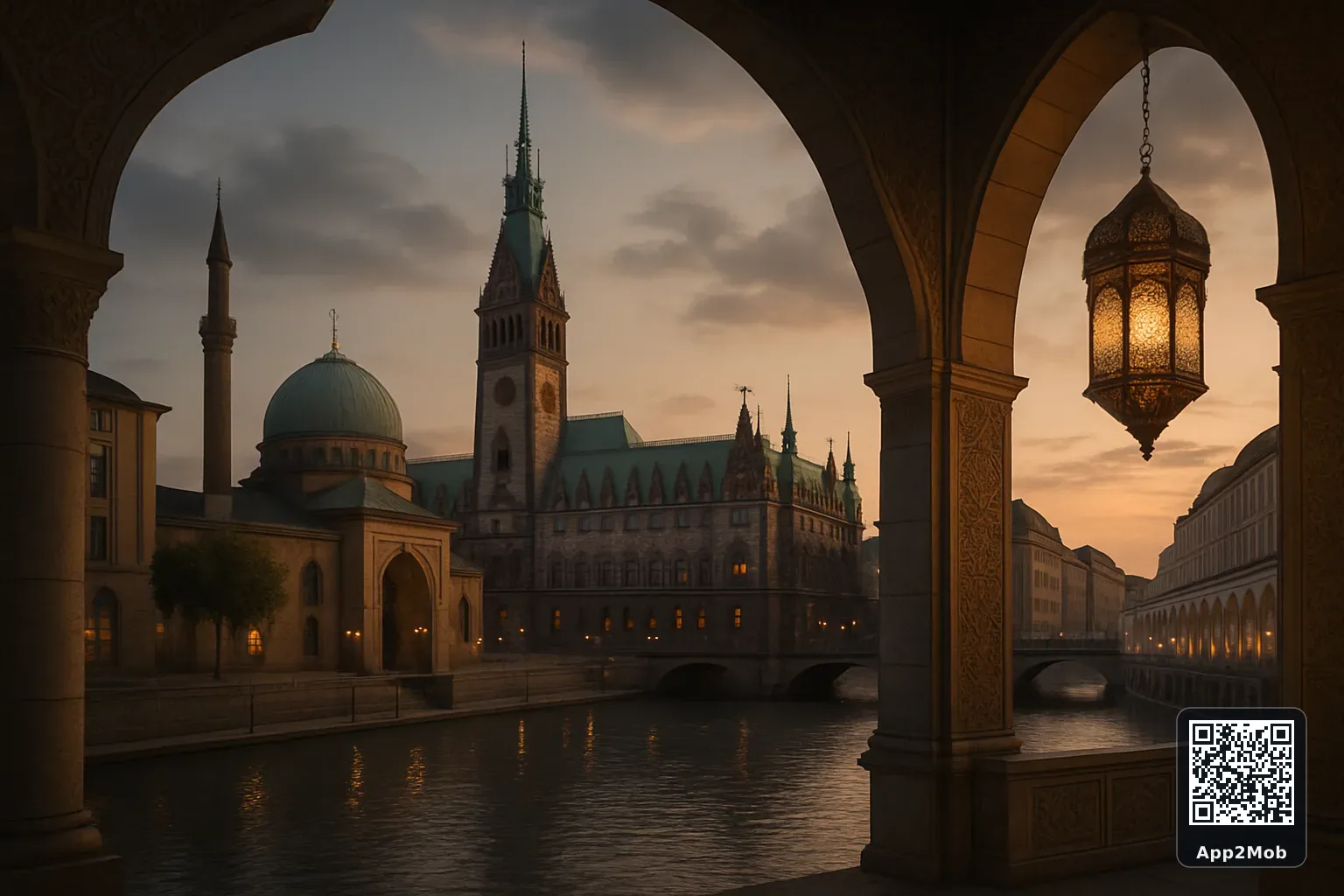 Hamburg city skyline with Islamic architecture representing prayer times and qibla direction in Germany