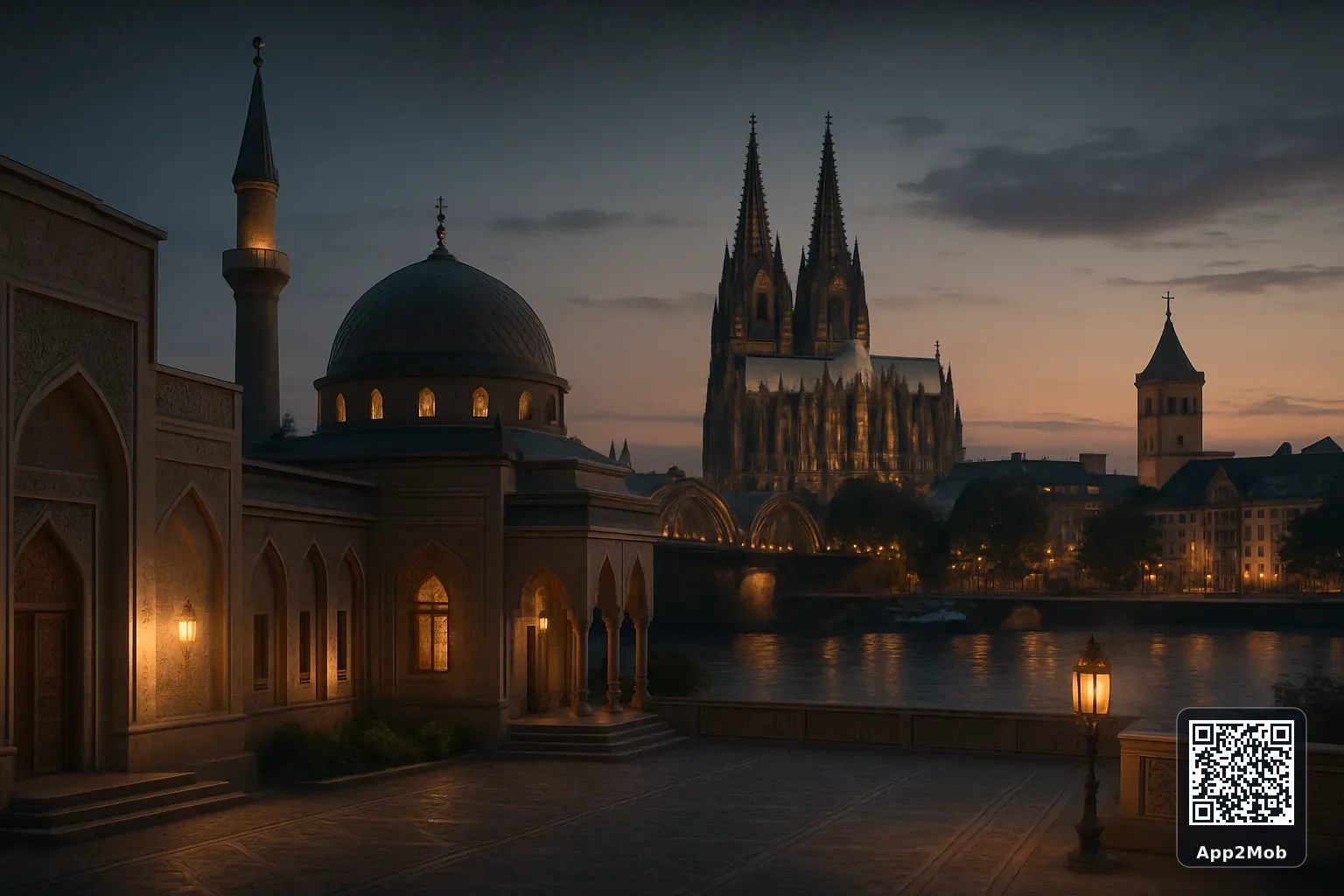 Koeln city skyline with Islamic architecture representing prayer times and qibla direction in Germany