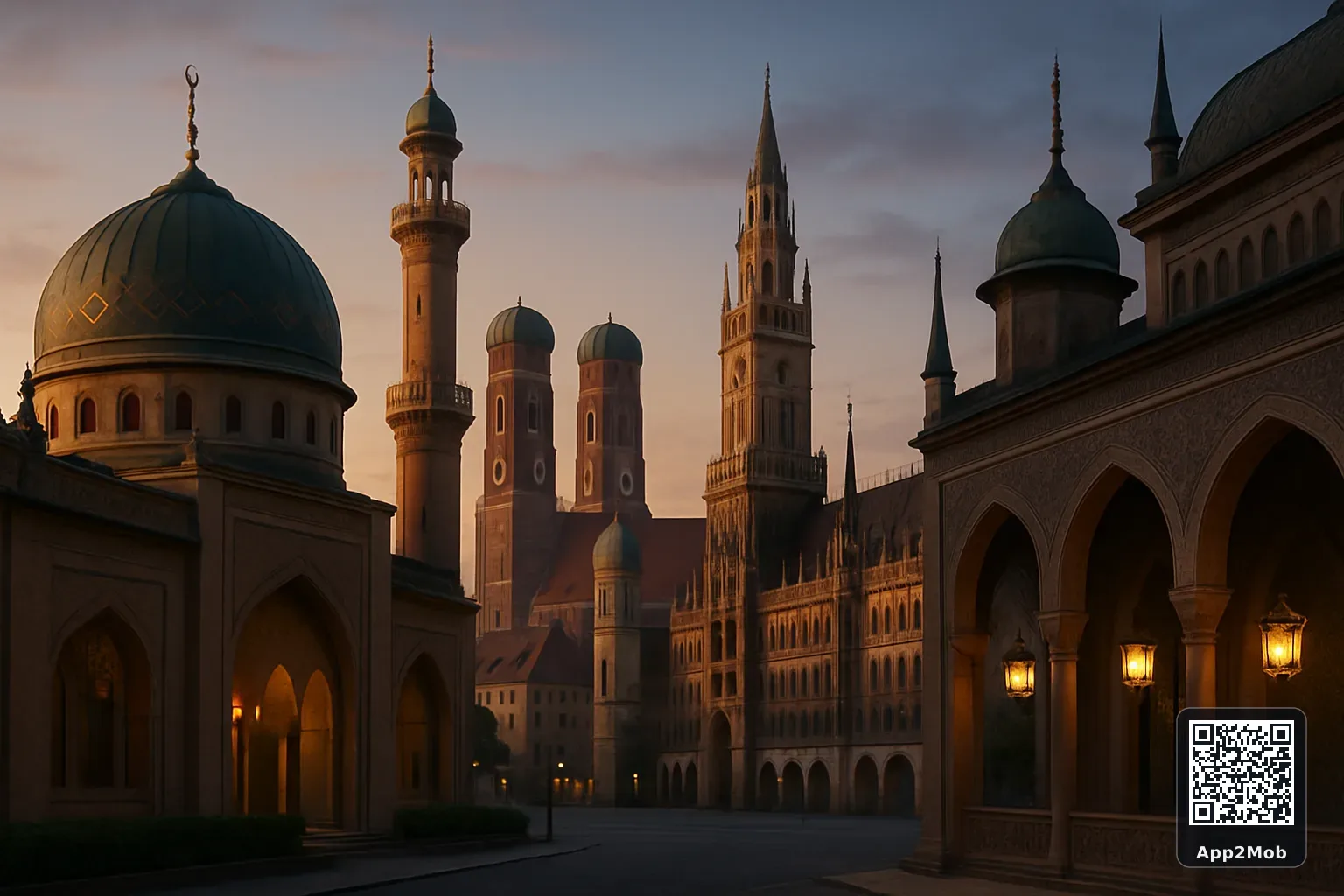 Munich city skyline with Islamic architecture representing prayer times and qibla direction in Germany