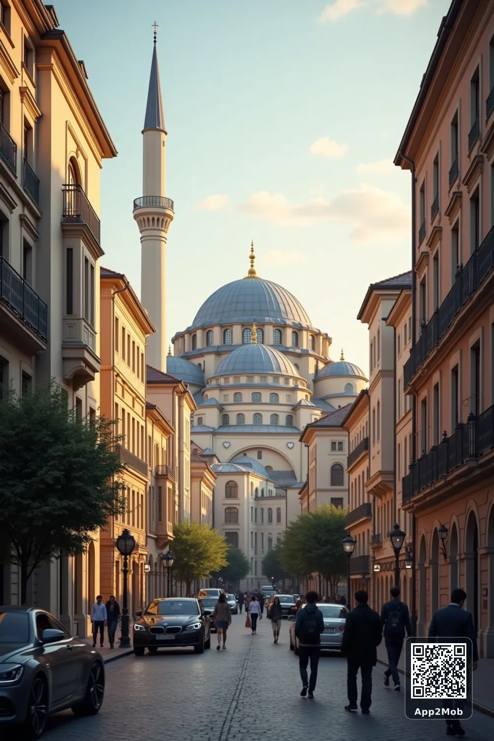 Islamic visual of Budapest, Hungary, with mosque-inspired architecture for Budapest prayer times and qibla direction