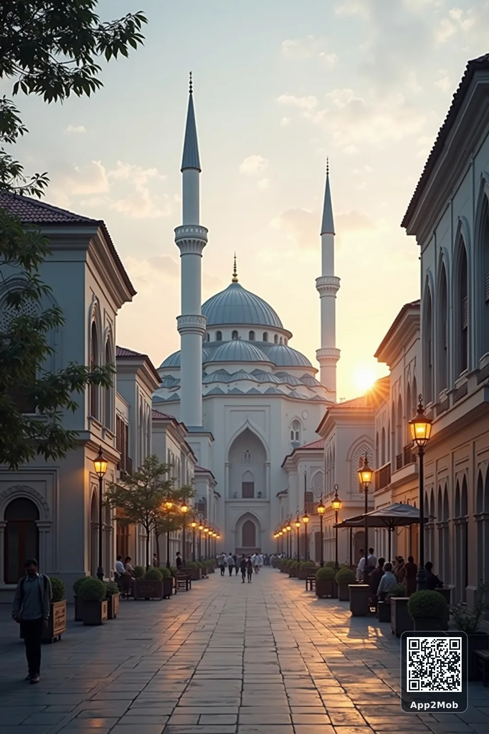 Islamic visual of Bandung, Indonesia, with mosque-inspired architecture for Bandung prayer times and qibla direction
