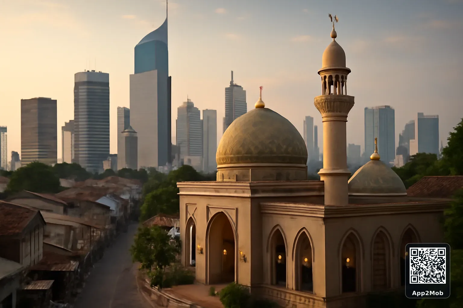 Jakarta city skyline with Islamic architecture representing prayer times and qibla direction in Indonesia