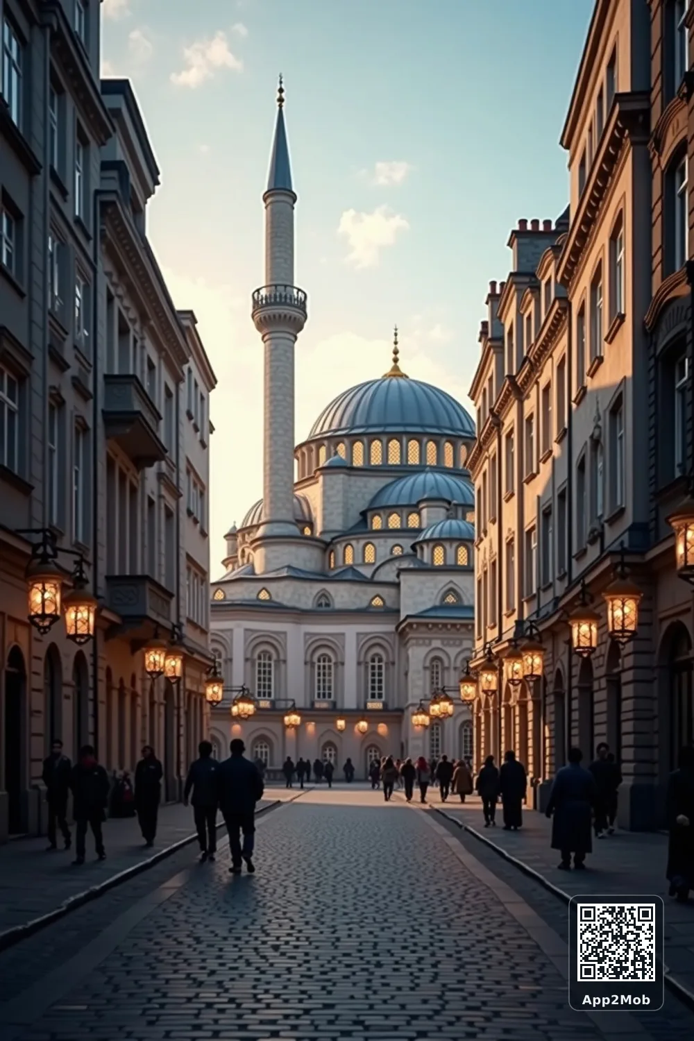 Islamic visual of Dublin, Ireland, with mosque-inspired architecture for Dublin prayer times and qibla direction