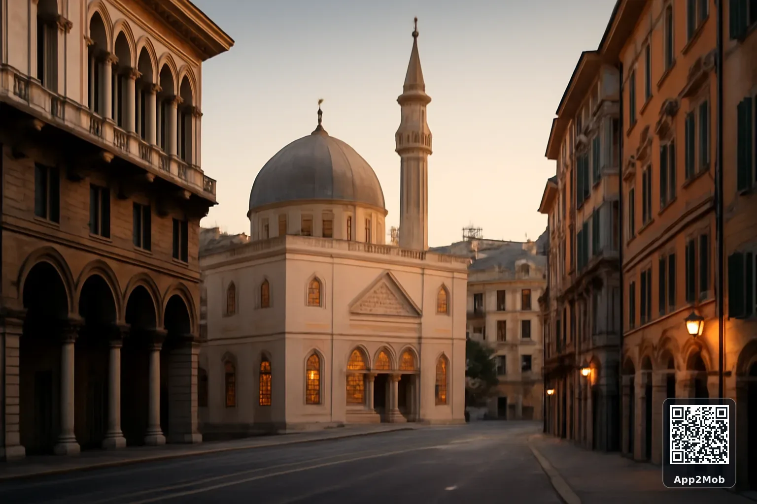 Genoa city skyline with Islamic architecture representing prayer times and qibla direction in Italy
