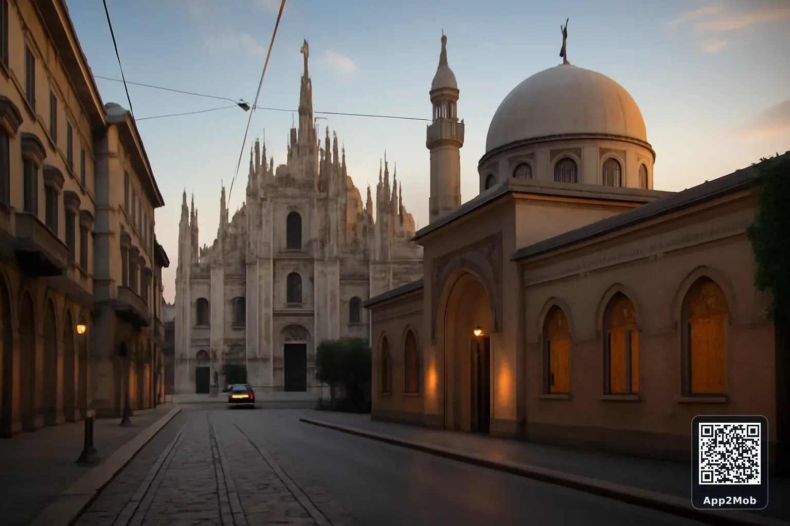 Milan city skyline with Islamic architecture representing prayer times and qibla direction in Italy