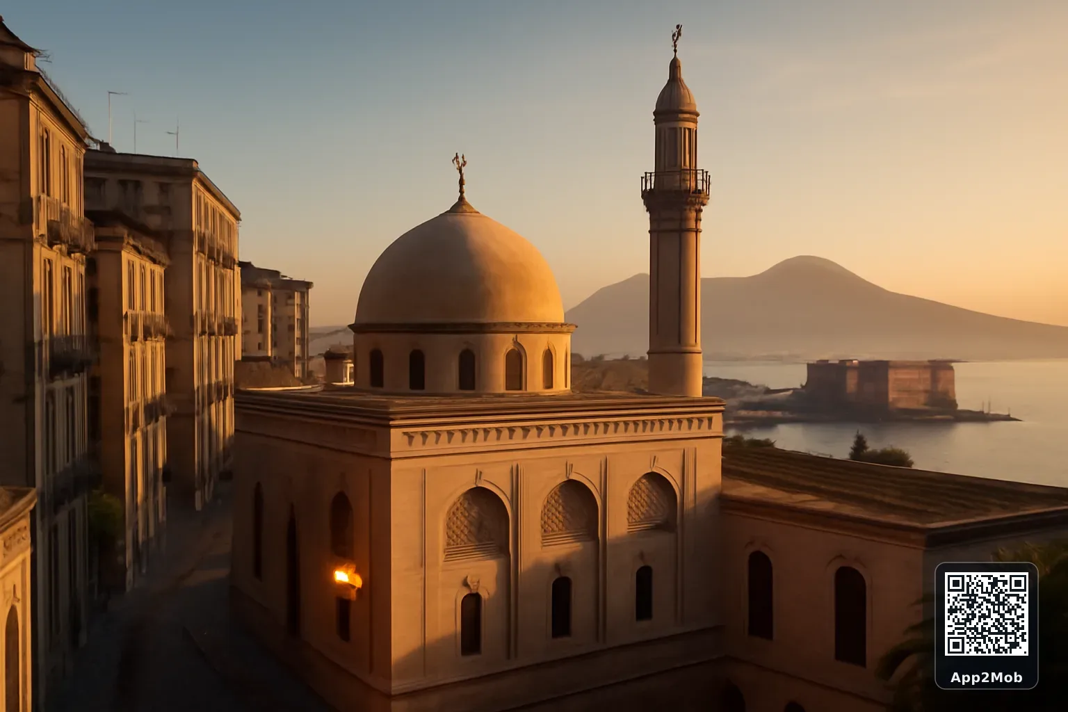 Naples city skyline with Islamic architecture representing prayer times and qibla direction in Italy