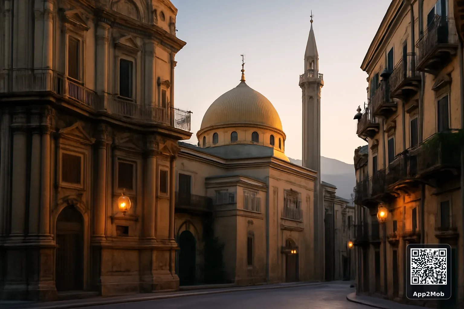 Palermo city skyline with Islamic architecture representing prayer times and qibla direction in Italy