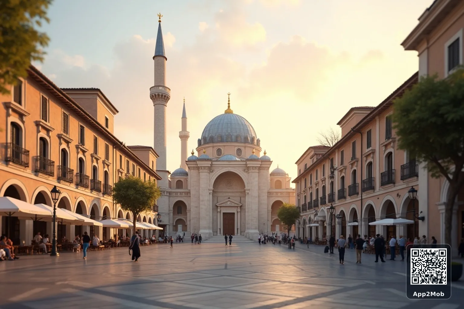 Rome city skyline with Islamic architecture representing prayer times and qibla direction in Italy