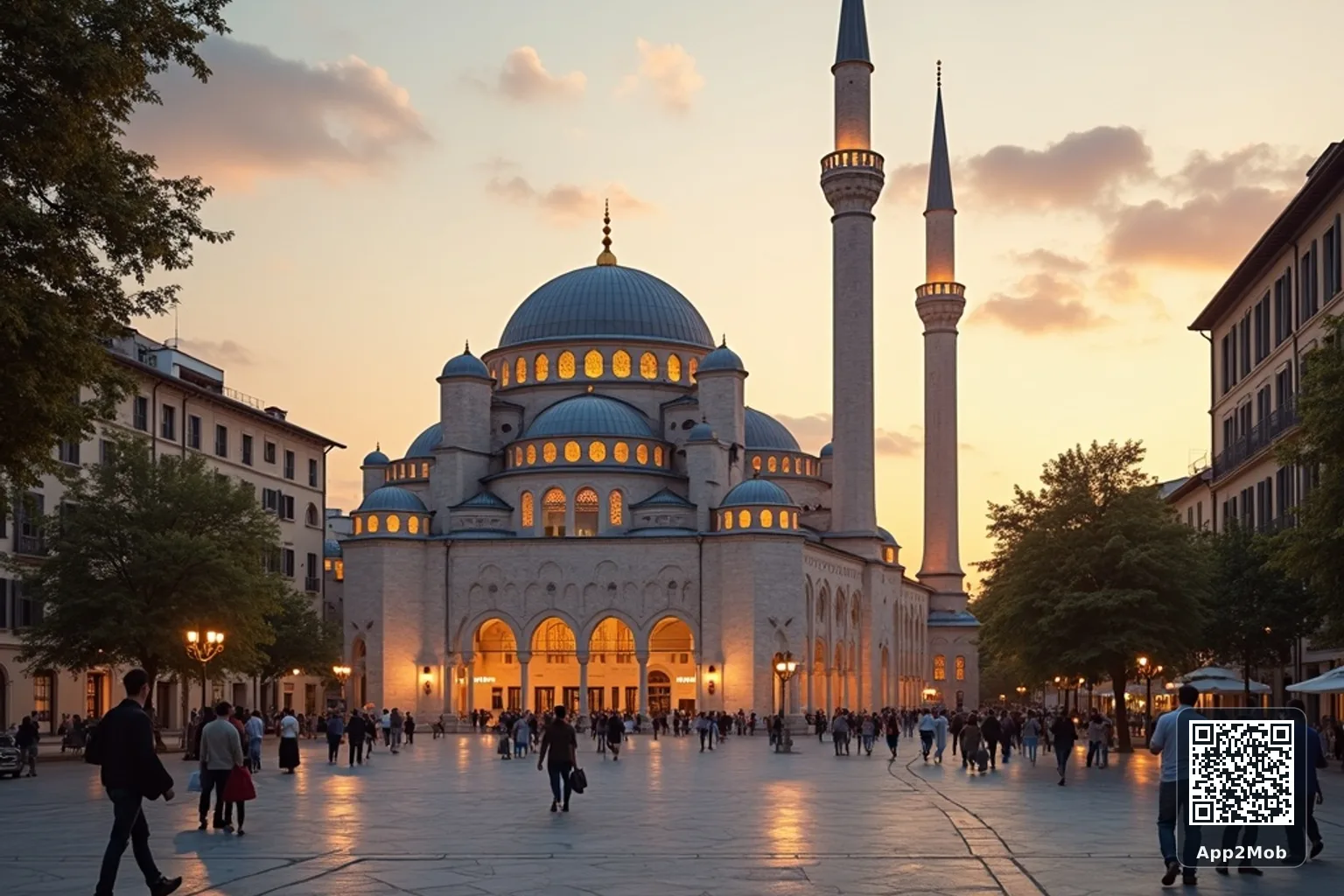Turin city skyline with Islamic architecture representing prayer times and qibla direction in Italy