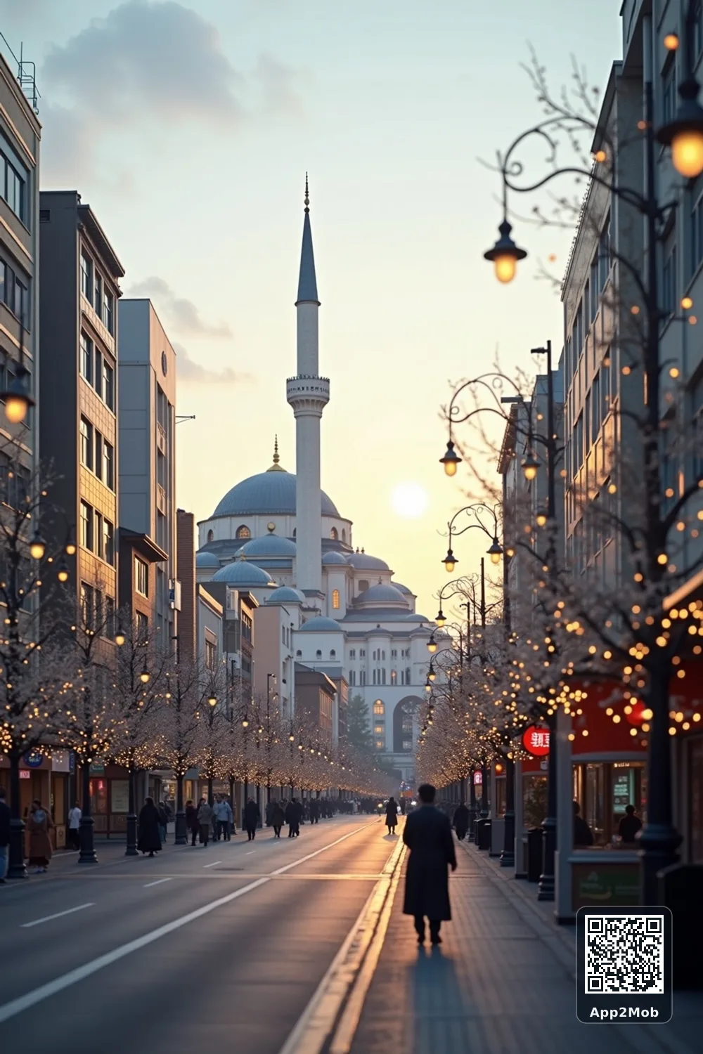 Islamic visual of Fukuoka, Japan, with mosque-inspired architecture for Fukuoka prayer times and qibla direction