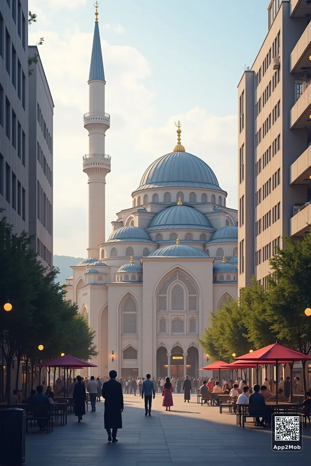 Osaka city skyline with Islamic architecture representing prayer times and qibla direction in Japan