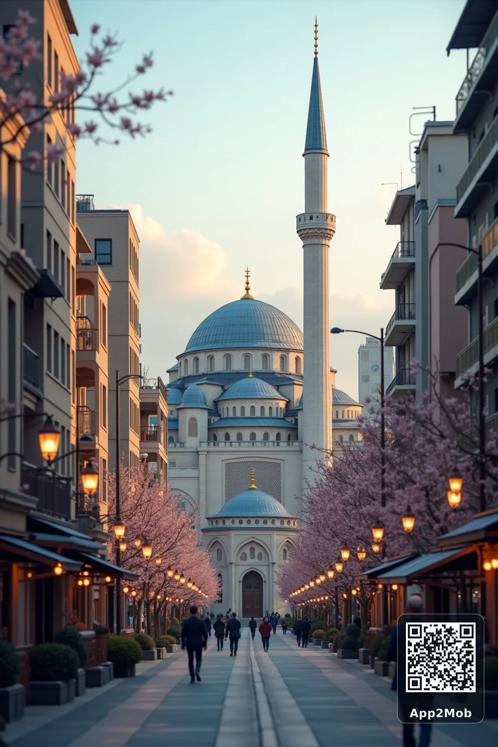 Tokyo city skyline with Islamic architecture representing prayer times and qibla direction in Japan