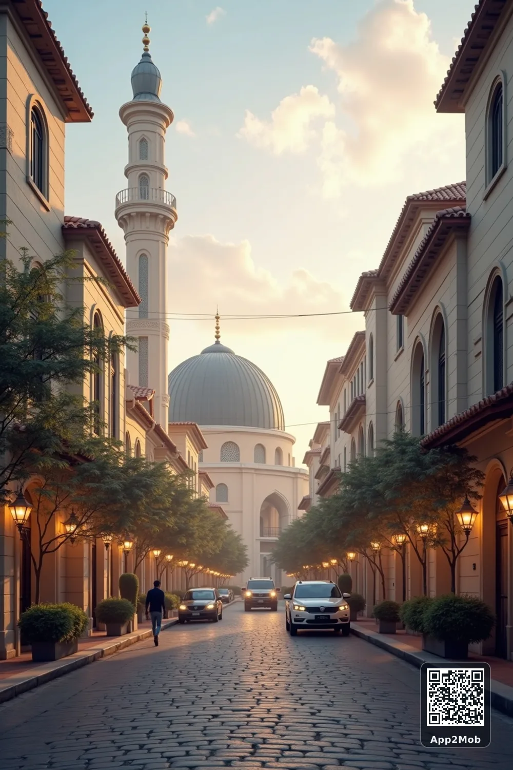 Islamic visual of George Town, Malaysia, with mosque-inspired architecture for George Town prayer times and qibla direction