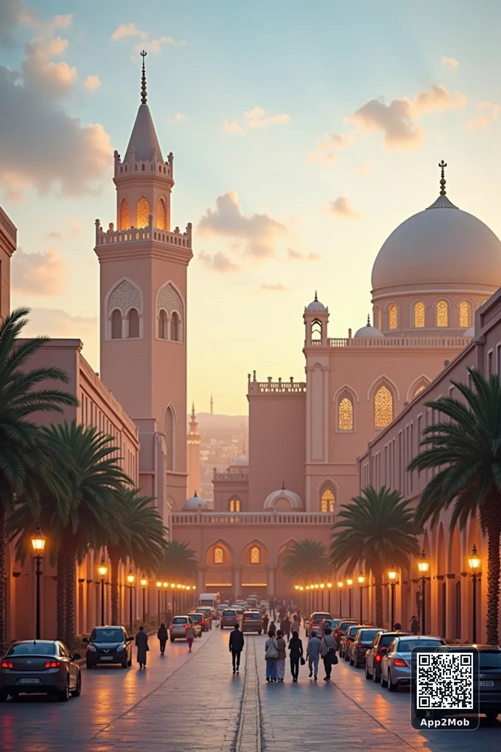Islamic visual of Rabat, Morocco, with mosque-inspired architecture for Rabat prayer times and qibla direction