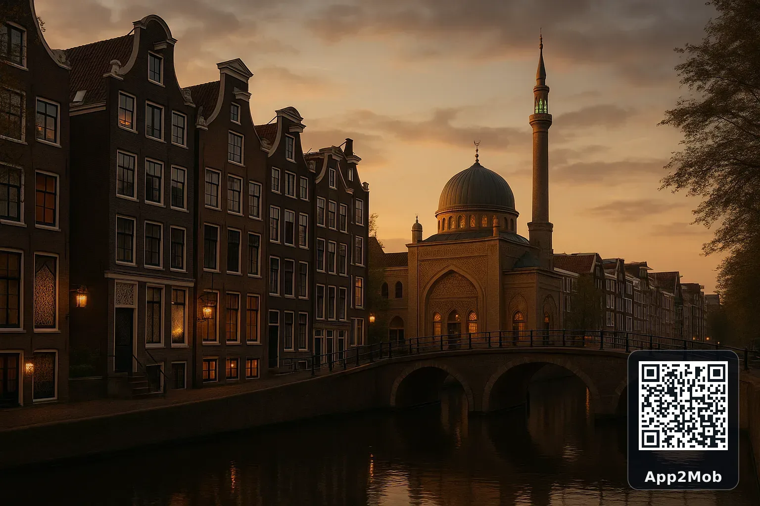 Amsterdam city skyline with Islamic architecture representing prayer times and qibla direction in Netherlands