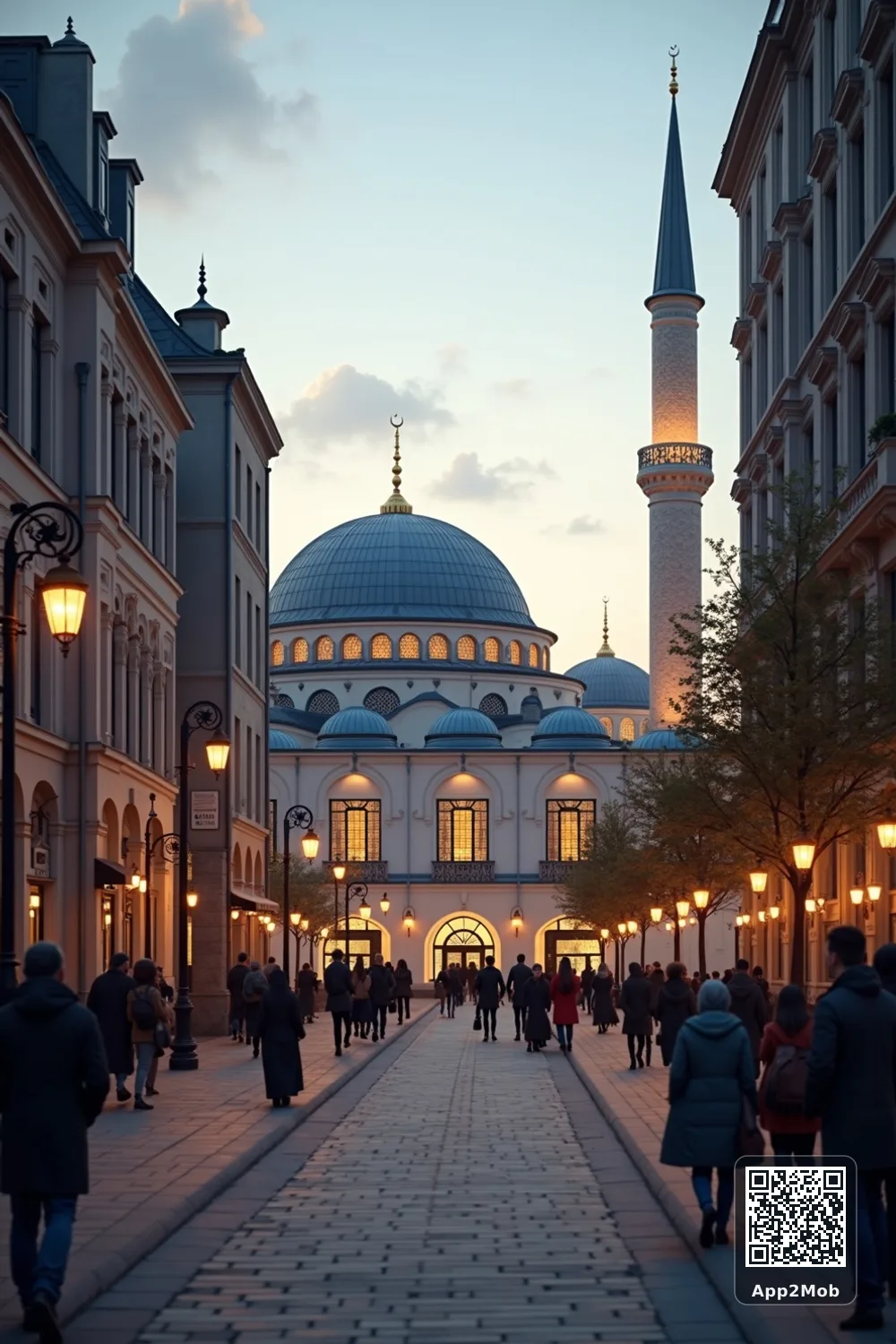 Islamic visual of Rotterdam, Netherlands, with mosque-inspired architecture for Rotterdam prayer times and qibla direction