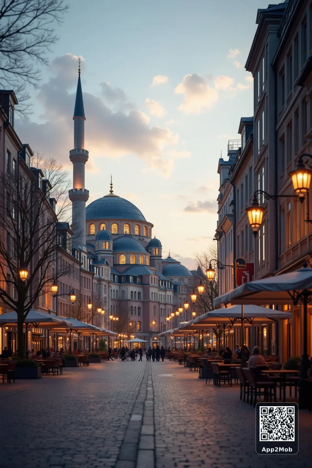 Islamic visual of The Hague, Netherlands, with mosque-inspired architecture for The Hague prayer times and qibla direction