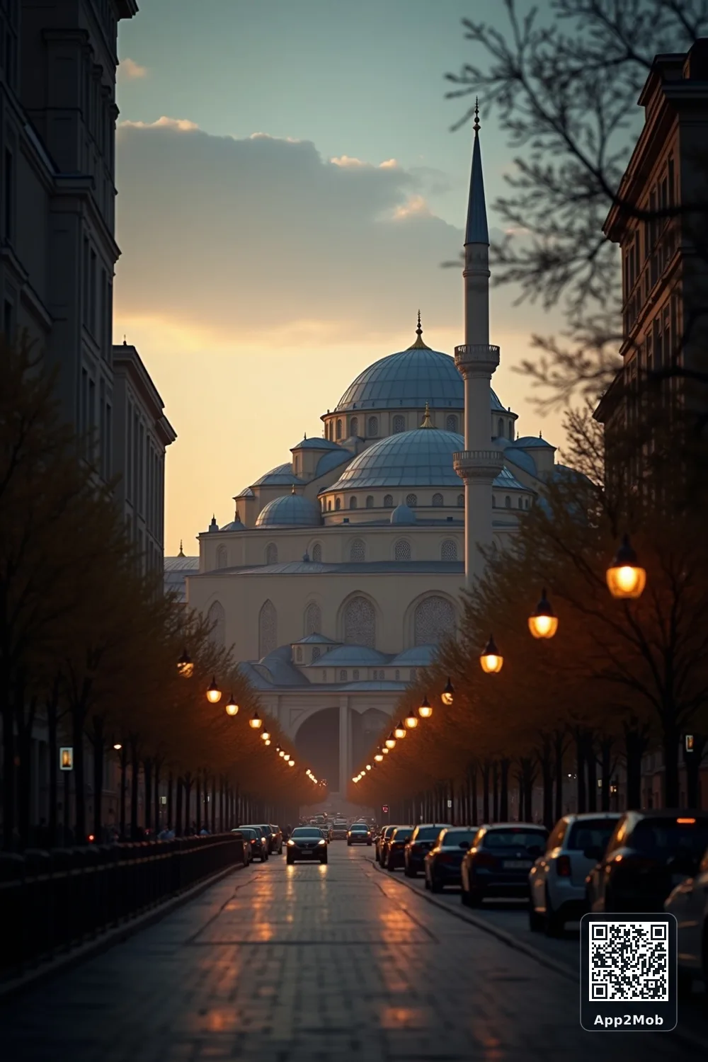 Islamic visual of Warsaw, Poland, with mosque-inspired architecture for Warsaw prayer times and qibla direction