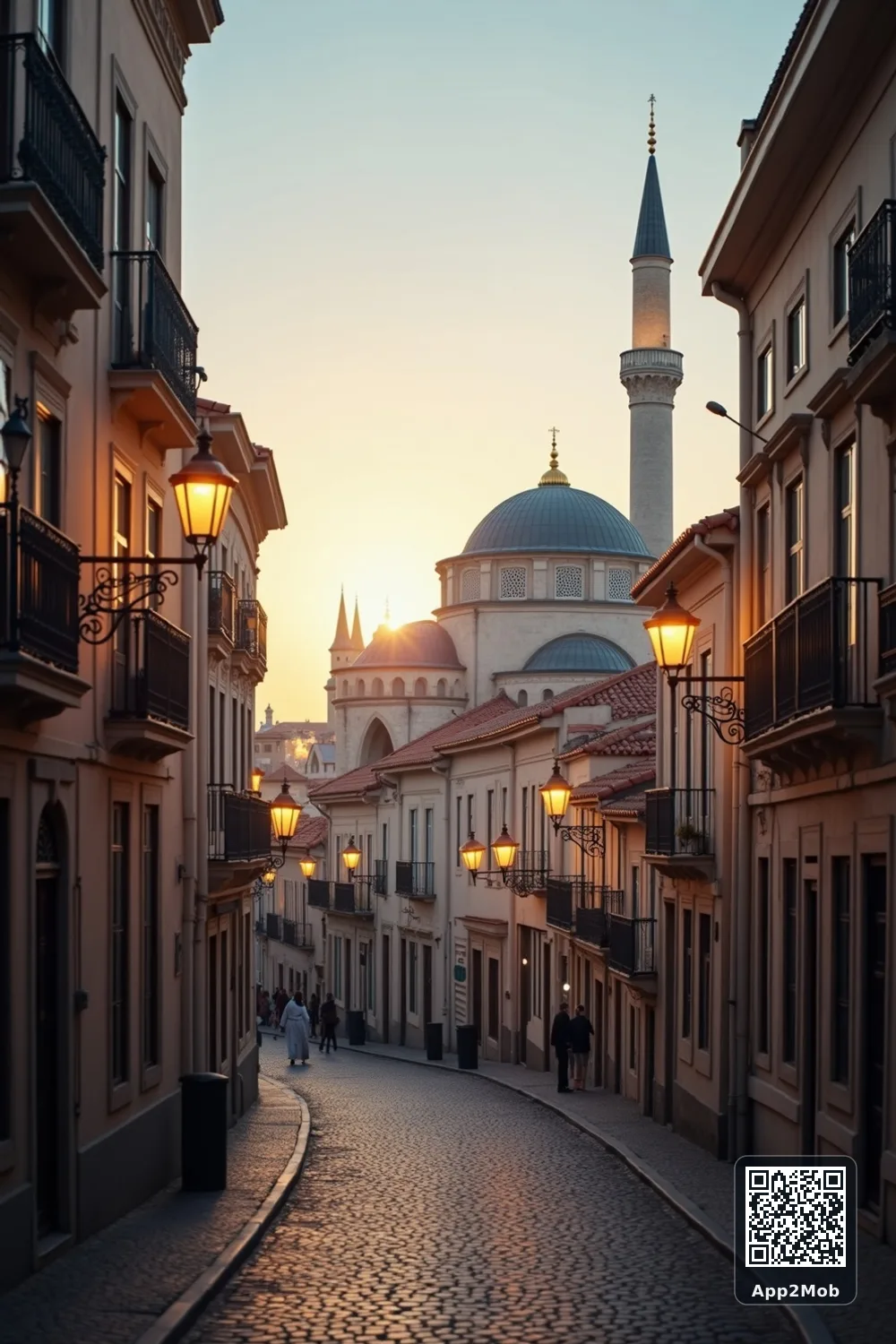 Islamic visual of Lisbon, Portugal, with mosque-inspired architecture for Lisbon prayer times and qibla direction