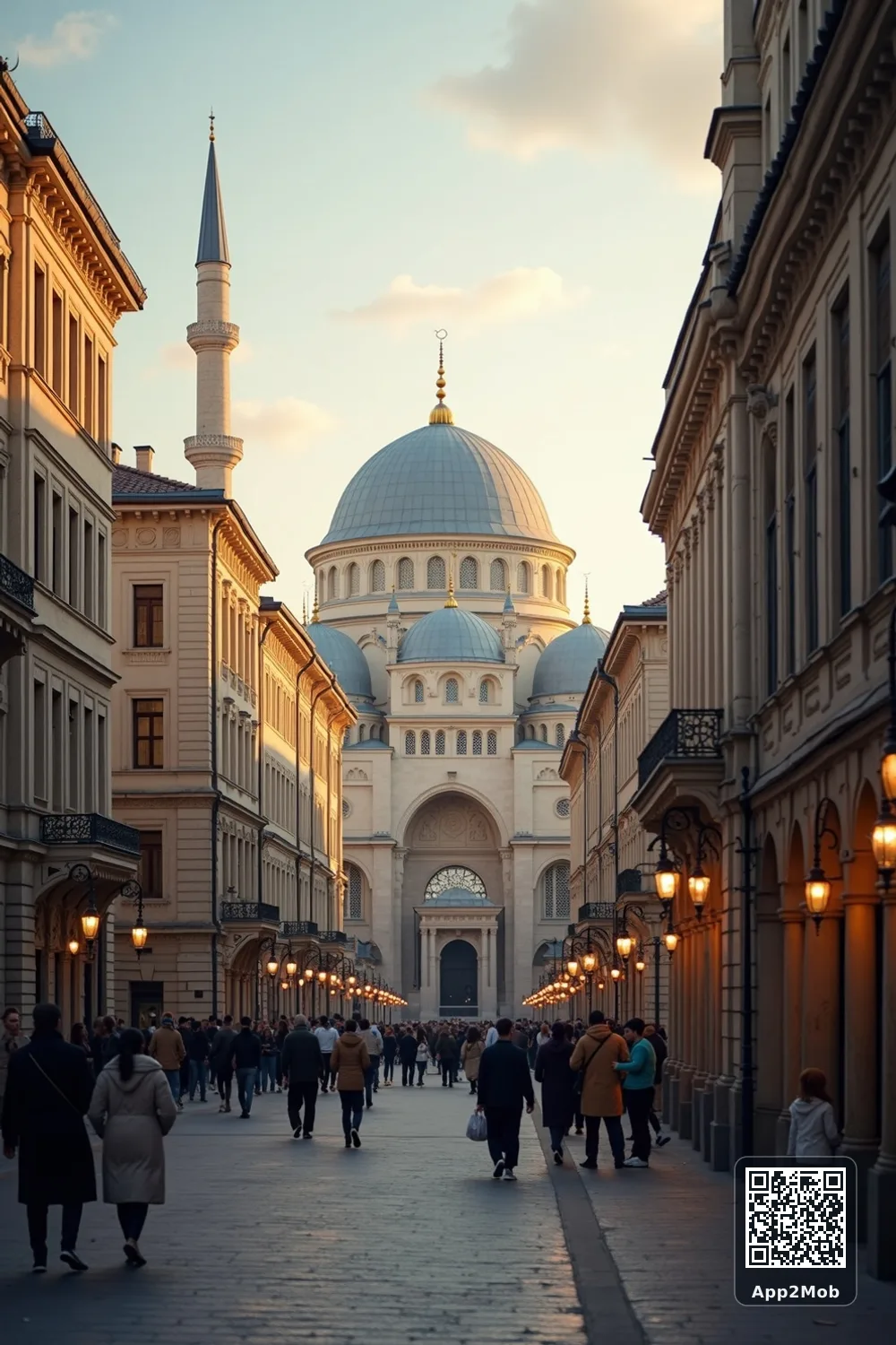 Islamic visual of Bucharest, Romania, with mosque-inspired architecture for Bucharest prayer times and qibla direction