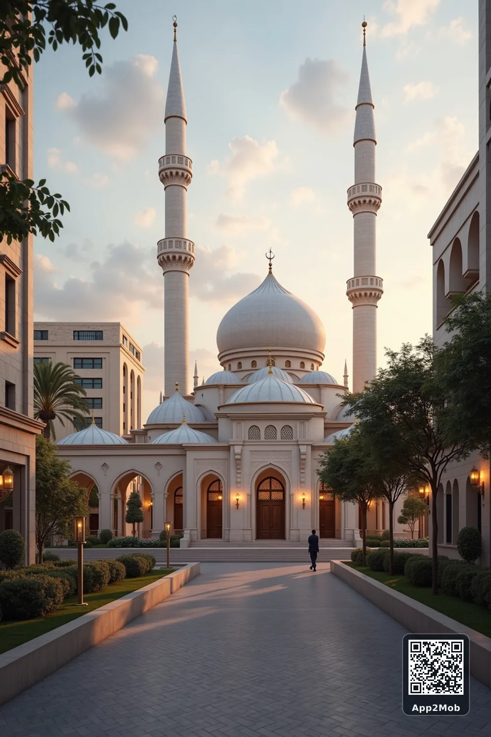 Islamic visual of Durban, South Africa, with mosque-inspired architecture for Durban prayer times and qibla direction