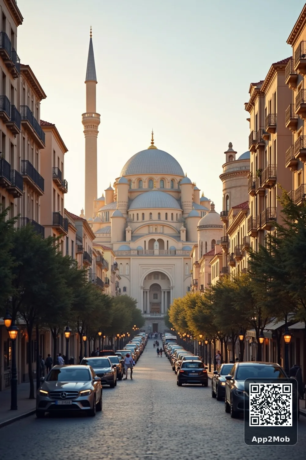 Barcelona city skyline with Islamic architecture representing prayer times and qibla direction in Spain