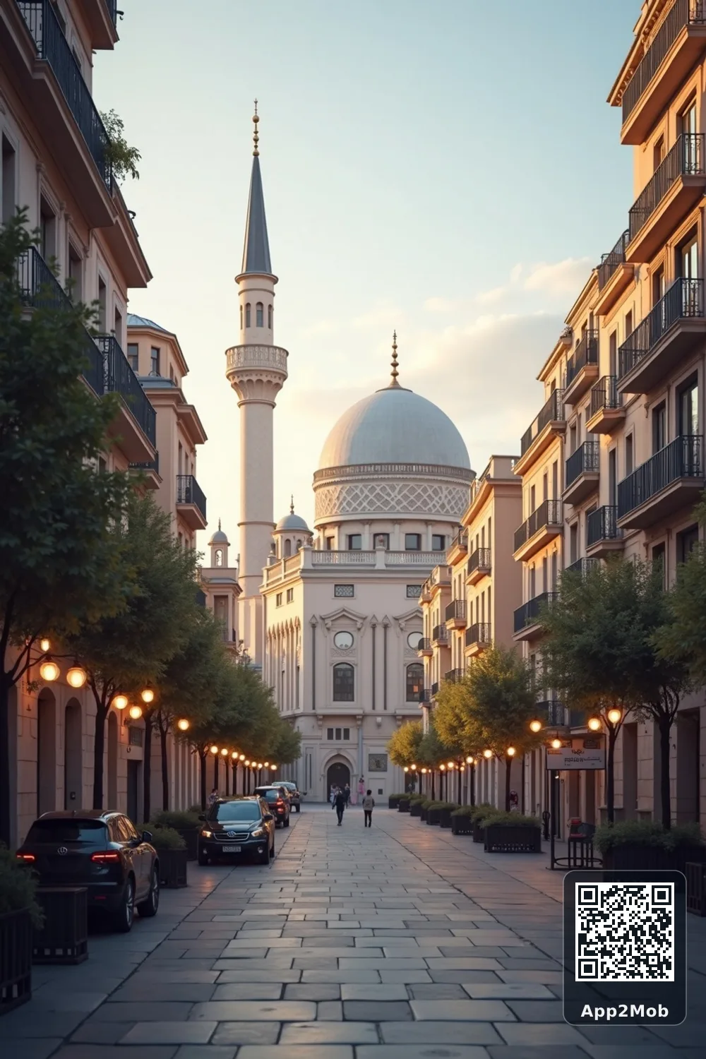 Madrid city skyline with Islamic architecture representing prayer times and qibla direction in Spain