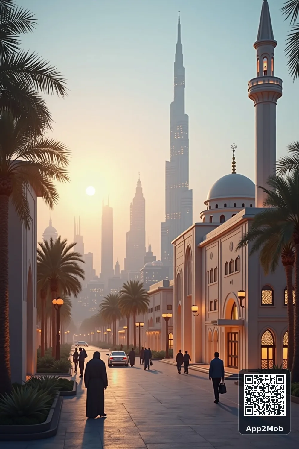 Dubai city skyline with Islamic architecture representing prayer times and qibla direction in United Arab Emirates