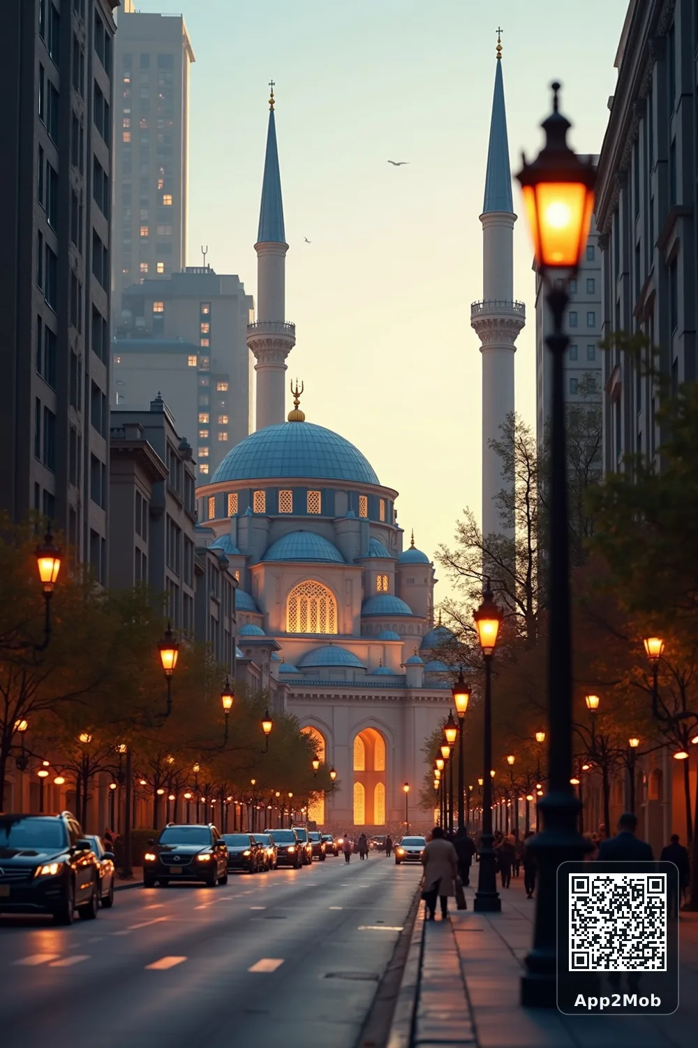 Chicago, Illinois city skyline with Islamic architecture representing prayer times and qibla direction in Illinois, United States